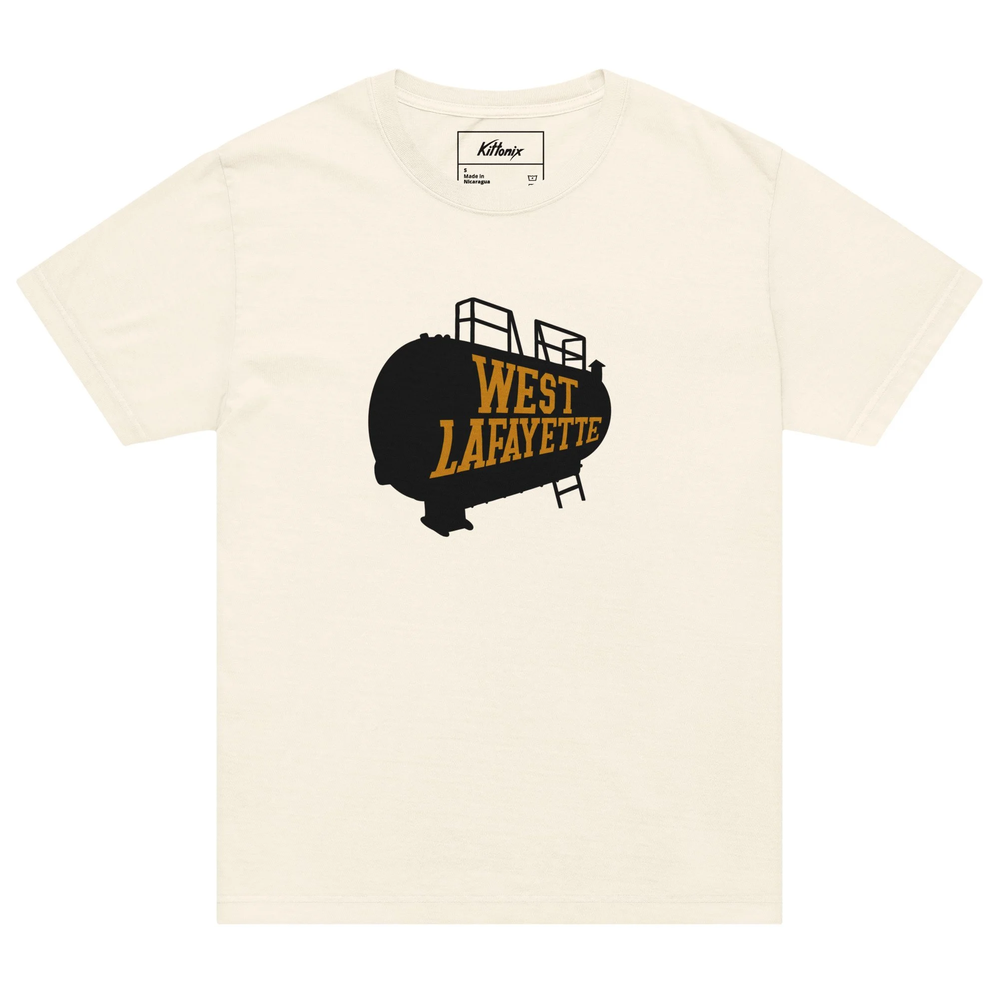 Vintage white heavyweight West Lafayette t-shirt with boiler tank graphic, inspired by Purdue Boilermakers.