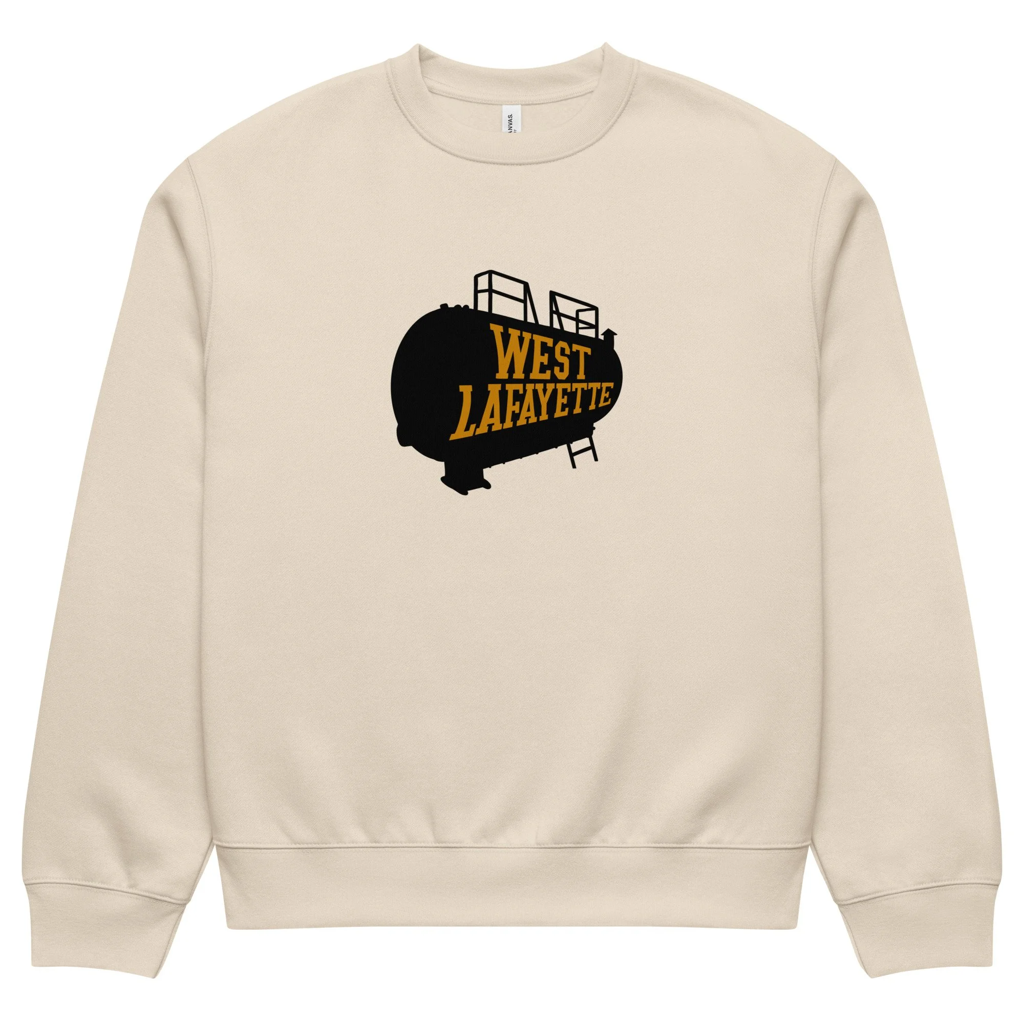 Dust colored oversized West Lafayette sweatshirt with boiler tank graphic, inspired by Purdue Boilermakers.