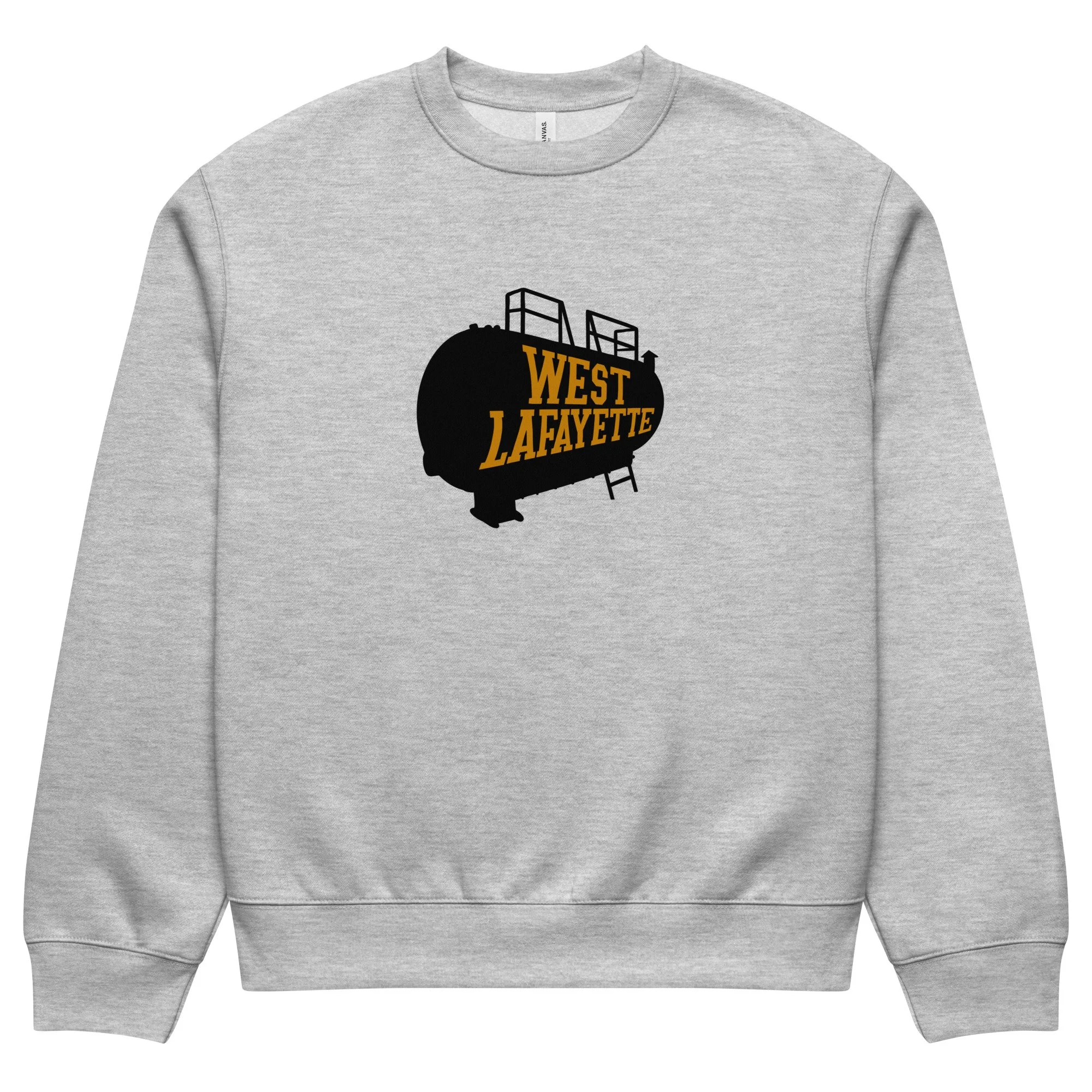 Athletic heather oversized West Lafayette sweatshirt with boiler tank graphic, inspired by Purdue Boilermakers.