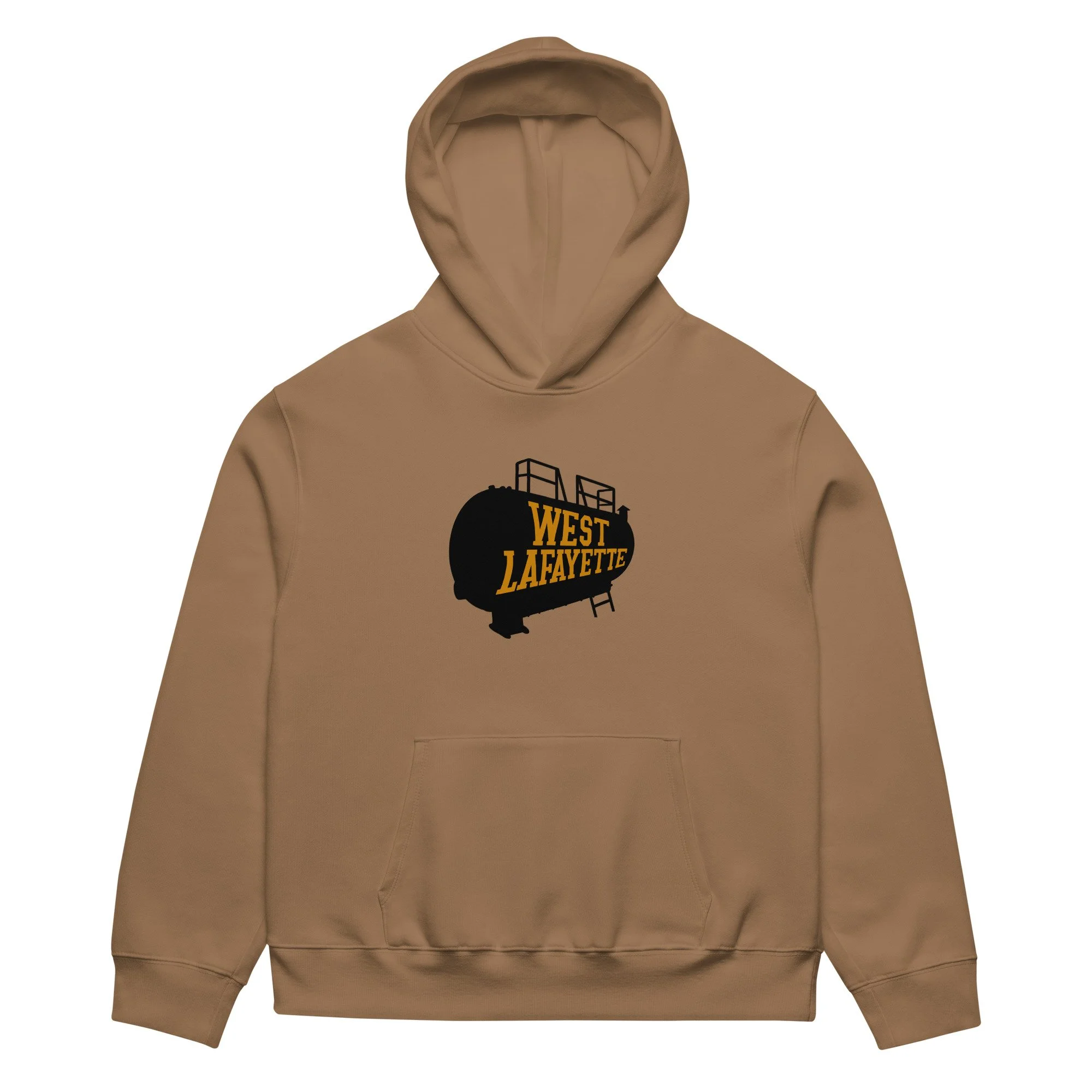 Vintage brown oversized West Lafayette hoodie with boiler tank graphic, inspired by Purdue Boilermakers.