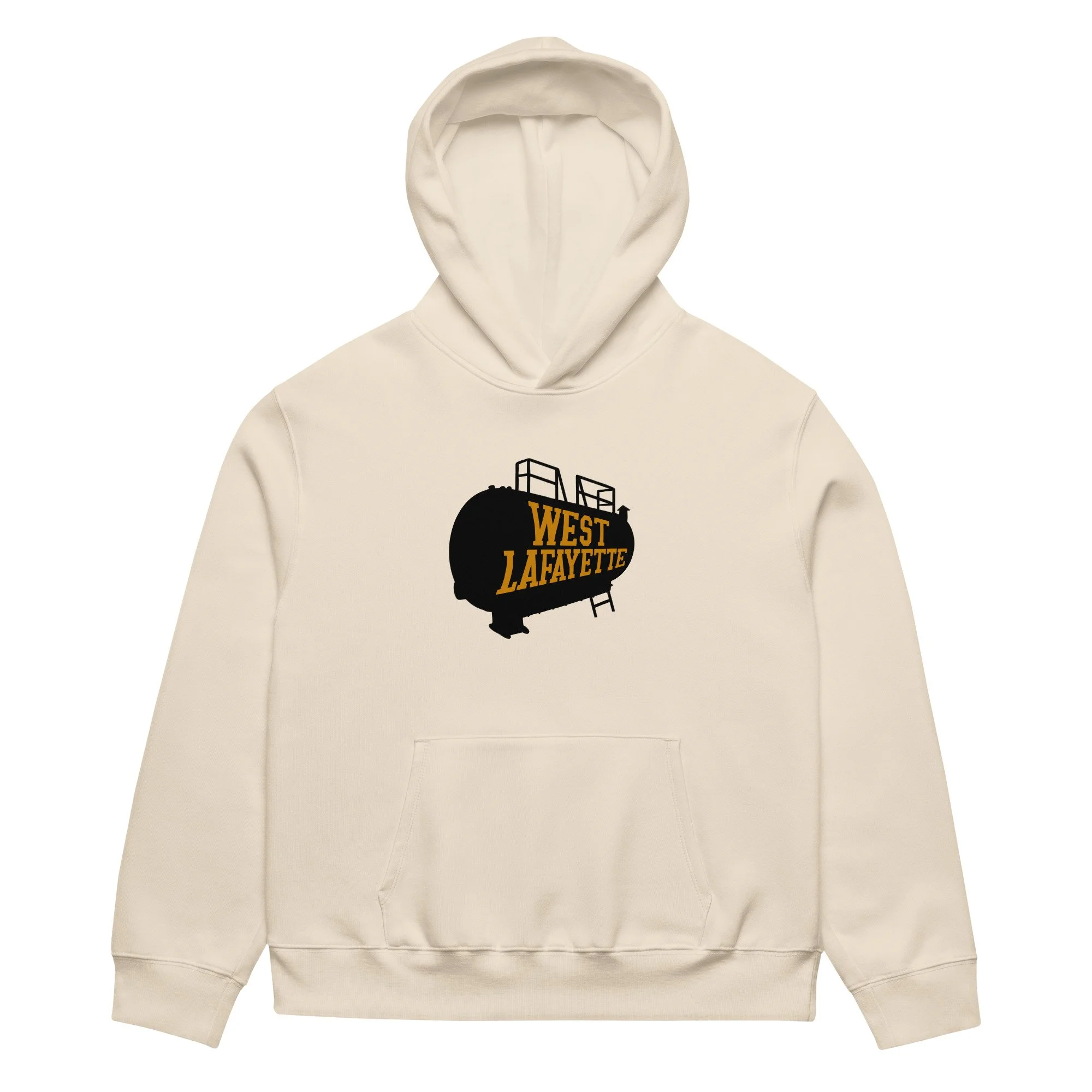 Dust colored oversized West Lafayette hoodie with boiler tank graphic, inspired by Purdue Boilermakers.