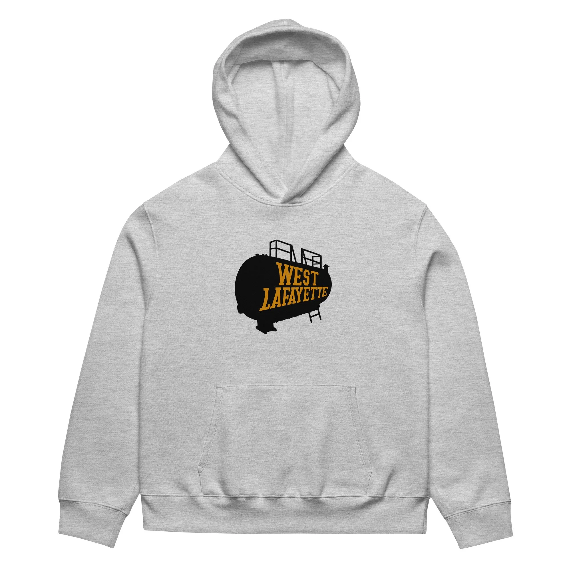 Heather gray oversized West Lafayette hoodie with boiler tank graphic, inspired by Purdue Boilermakers.