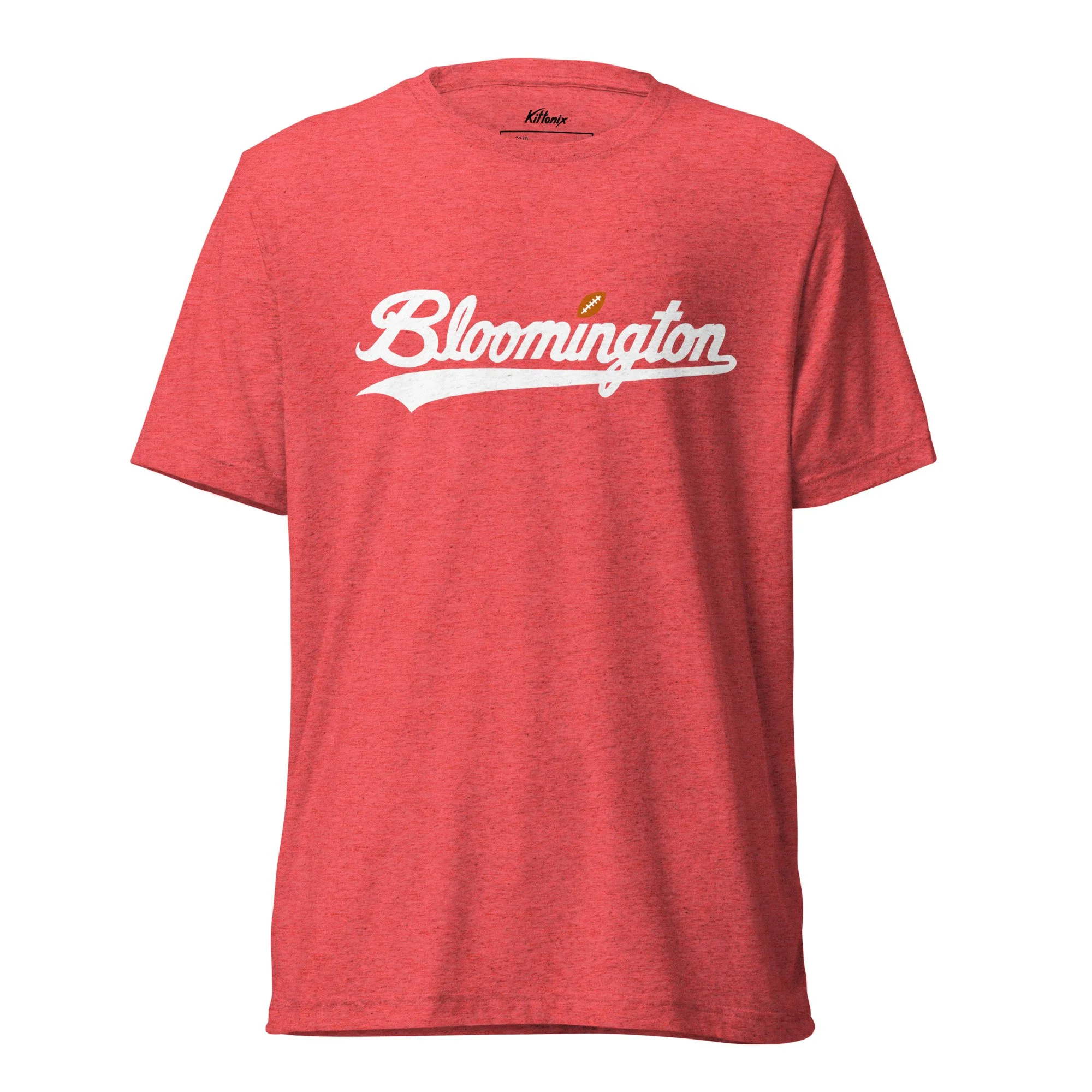 Heather red Bloomington t-shirt inspired by Indiana University with white script text.