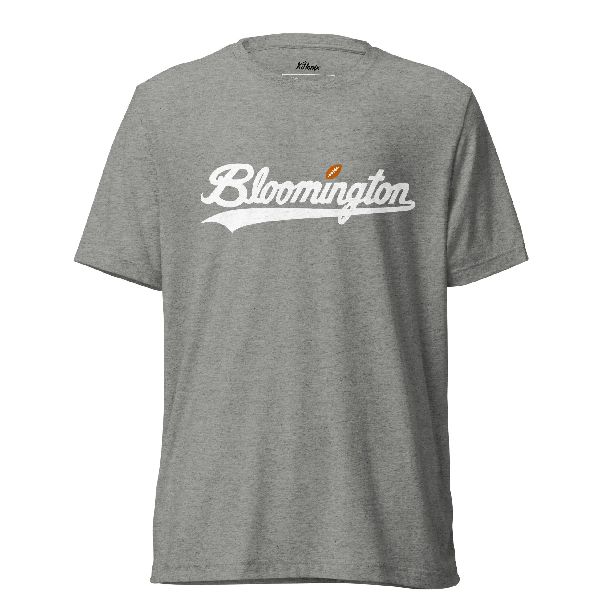 Heather grey Bloomington track t-shirt inspired by Indiana University with white script text.