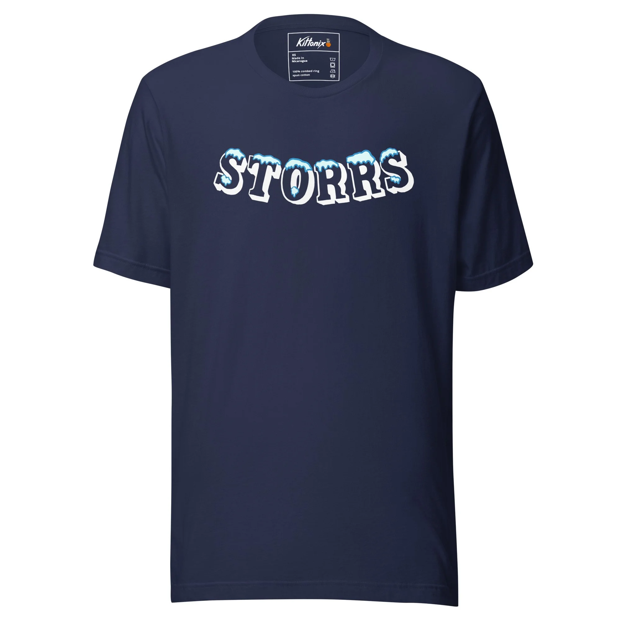 Navy t-shirt with icy Storrs lettering, inspired by the hometown of the University of Connecticut.