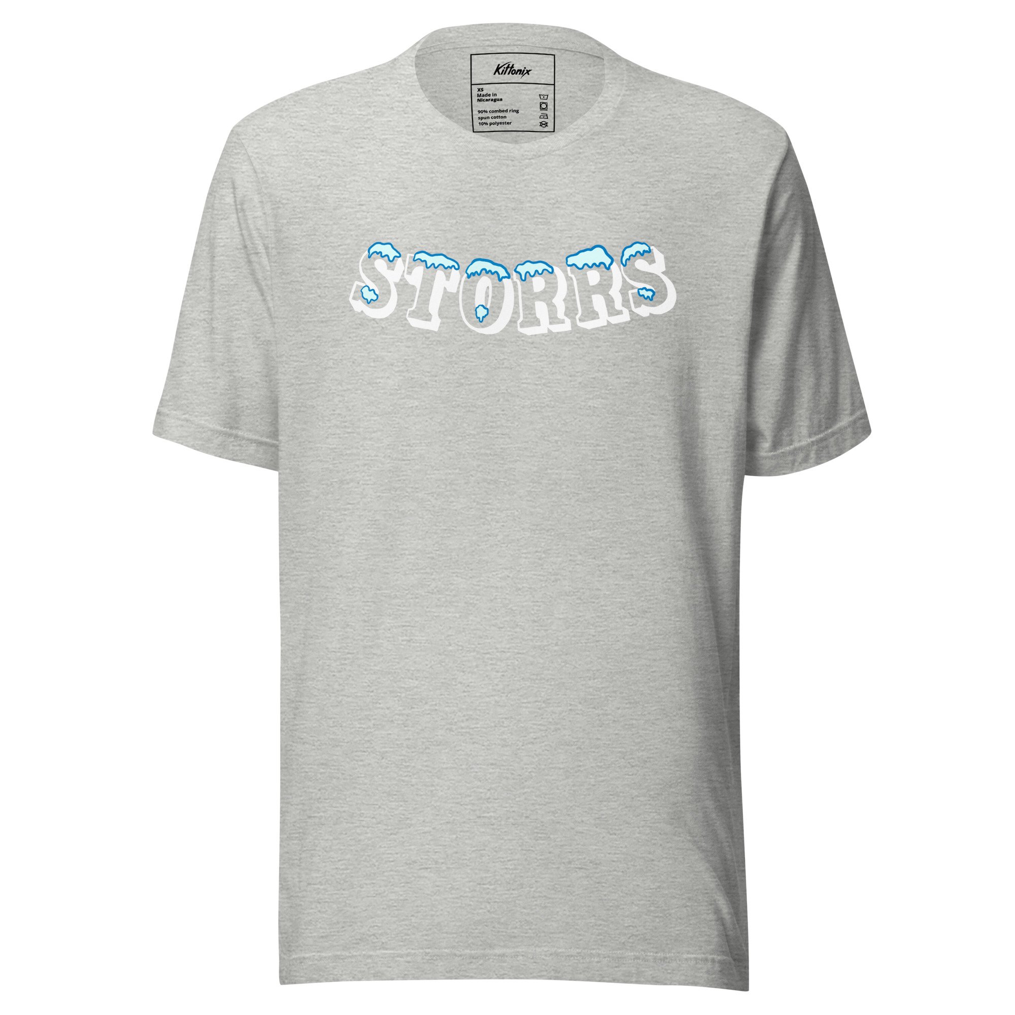Heather grey t-shirt with icy Storrs lettering, inspired by the hometown of the University of Connecticut.