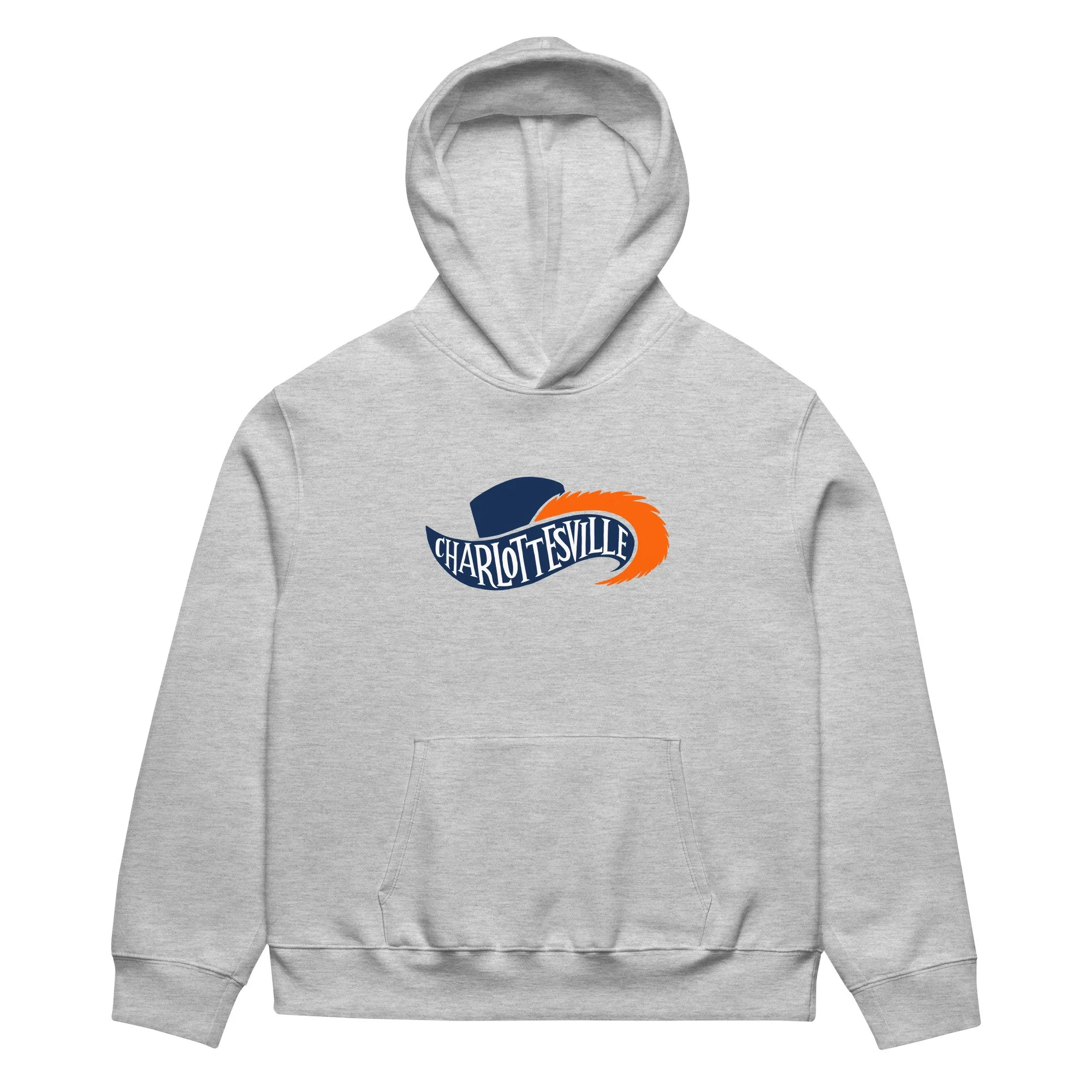 Charlottesville Virginia heavyweight hoodie in athletic heather with navy and orange Cavalier hat and feathered plume design, original Kittonix design for UVA fans