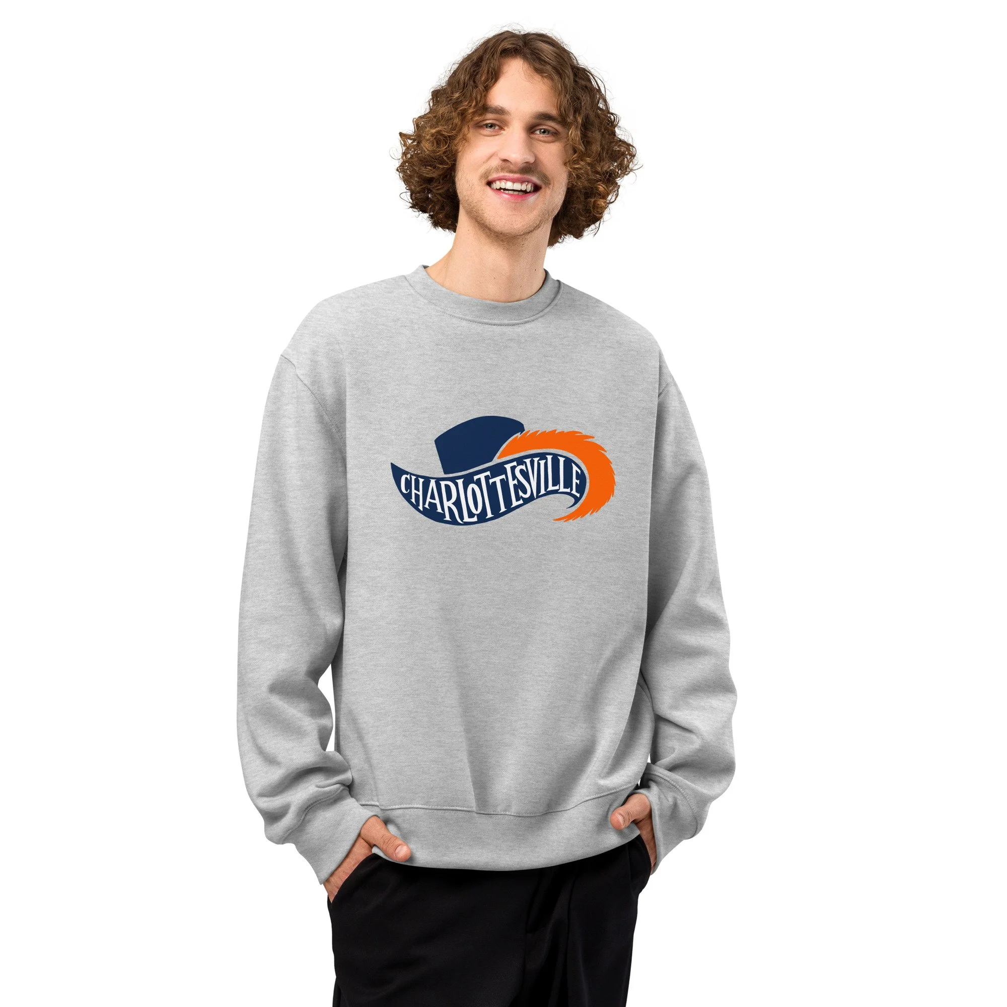 Man wearing Charlottesville Virginia heavyweight crewneck in heather grey with navy and orange Cavalier hat and feathered plume design, original Kittonix design for UVA fans