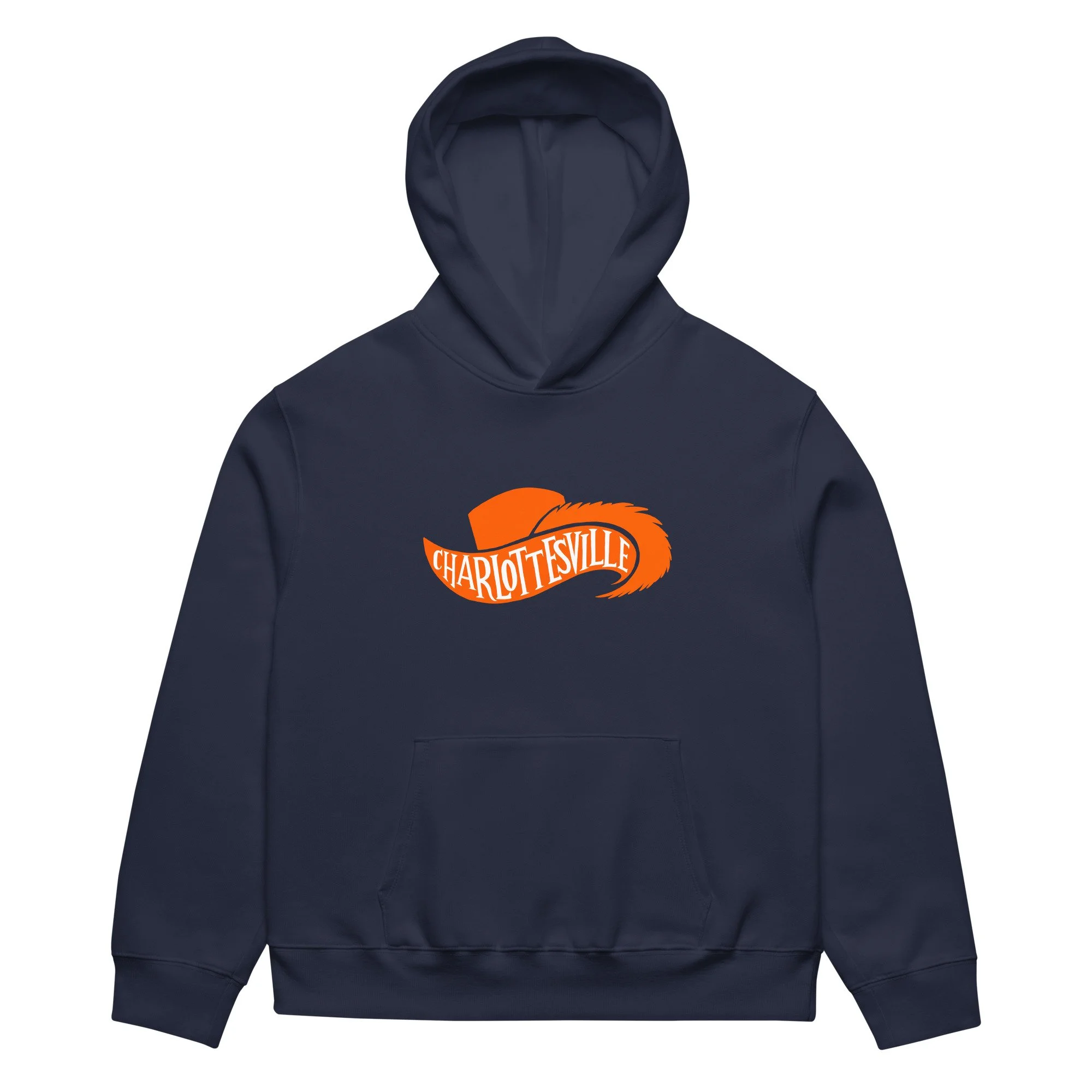 Charlottesville Virginia heavyweight hoodie in navy with orange Cavalier hat and feathered plume design, original Kittonix design for UVA fans