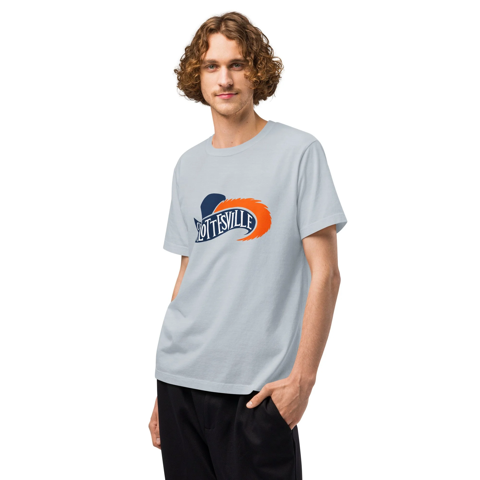 Man wearing Charlottesville Virginia oversized heavyweight t-shirt in light washed denim with navy and orange Cavalier hat and feathered plume design, original Kittonix design for UVA fans