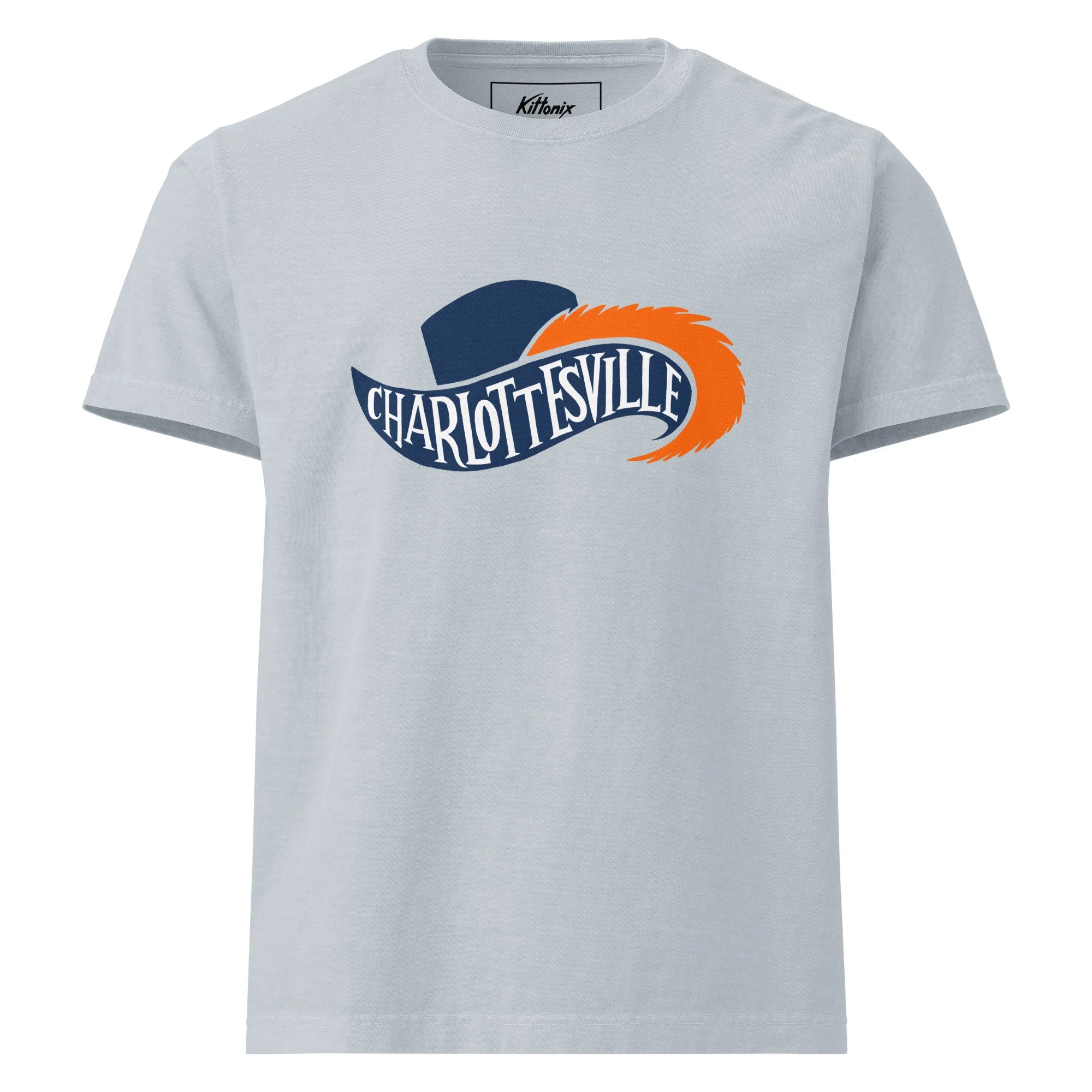 Charlottesville Virginia oversized heavyweight t-shirt in light washed denim with navy and orange Cavalier hat and feathered plume design, original Kittonix design for UVA fans