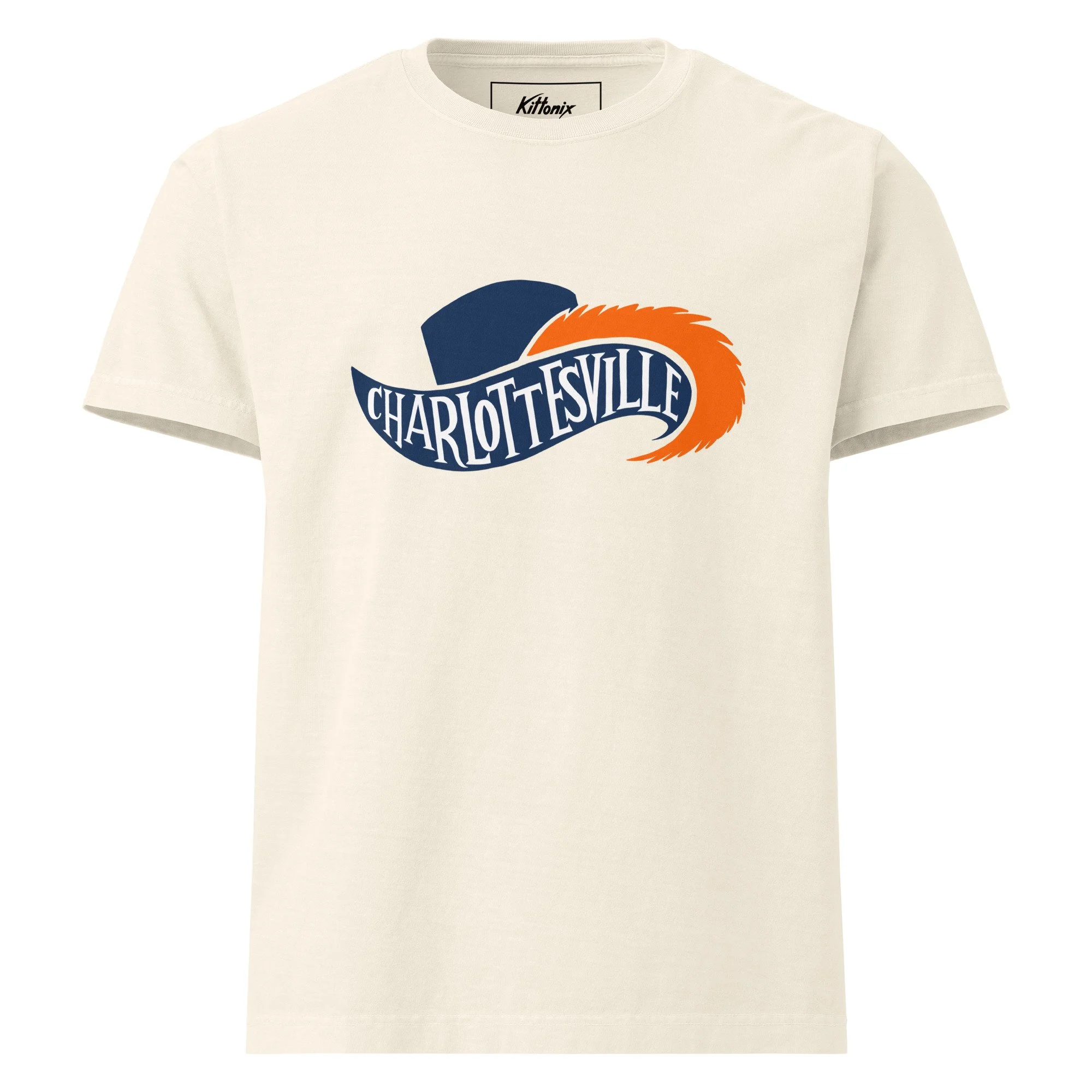 Charlottesville Virginia oversized heavyweight t-shirt in vintage white with navy and orange Cavalier hat and feathered plume design, original Kittonix design for UVA fans