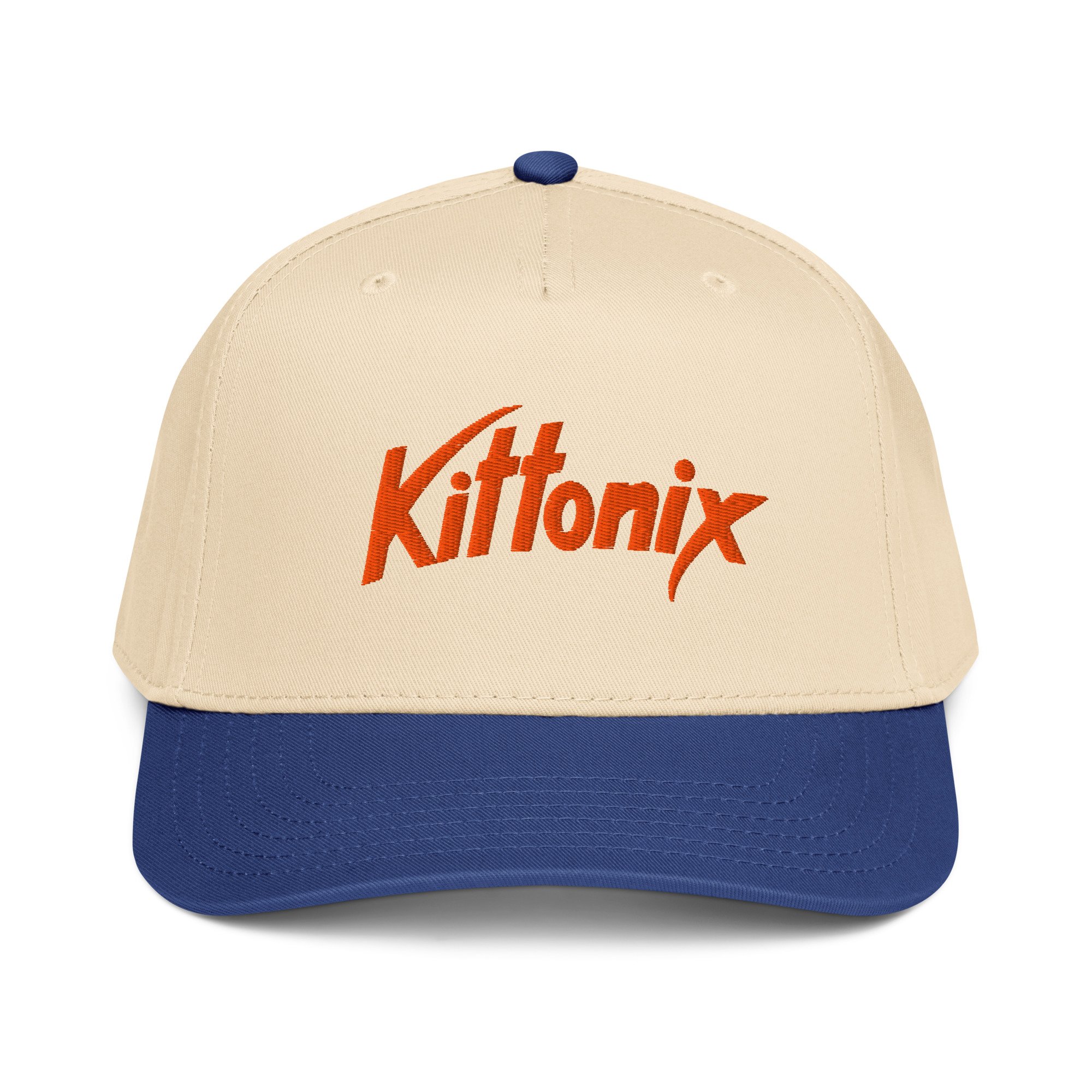 Kittonix snapback hat in cream and blue with embroidered orange Kittonix logo on structured five-panel cap.
