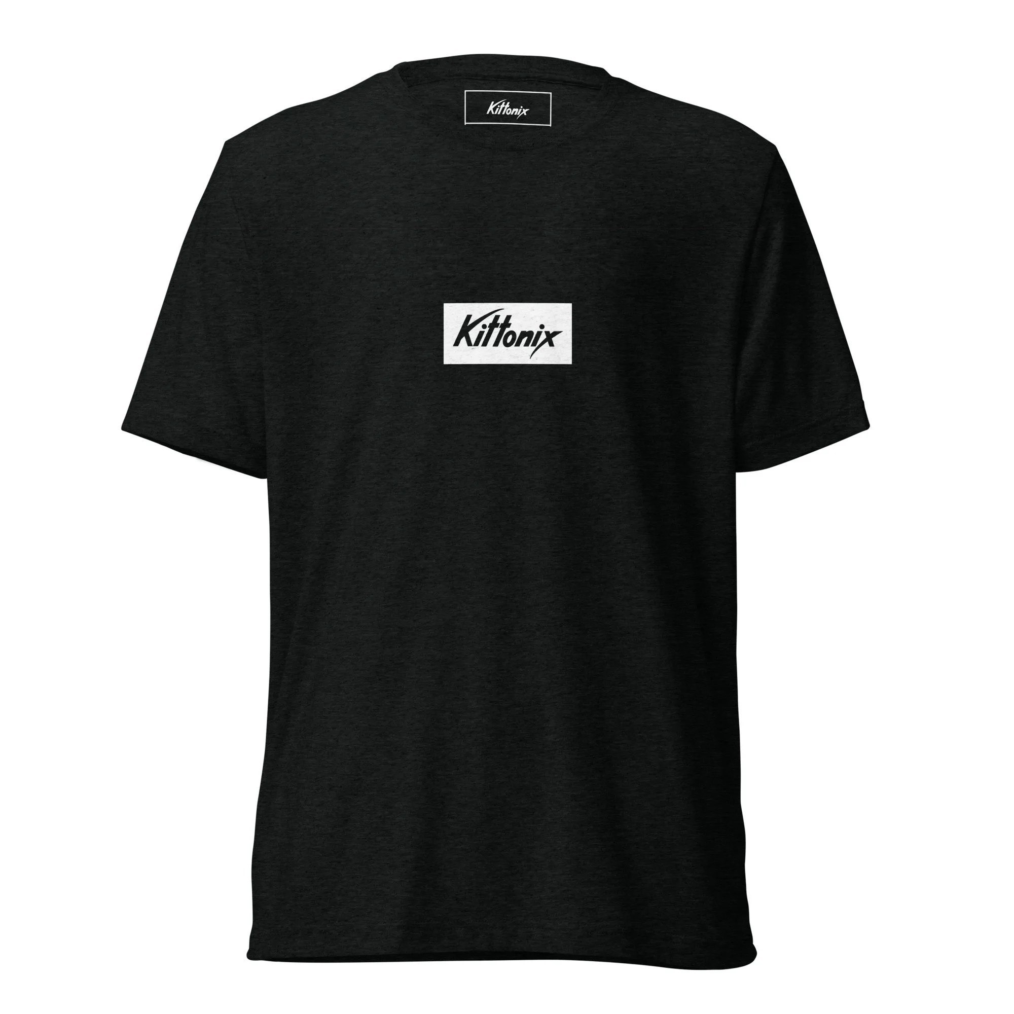 Kittonix box logo tri-blend t-shirt in black with white rectangle and knockout Kittonix logo on center chest.