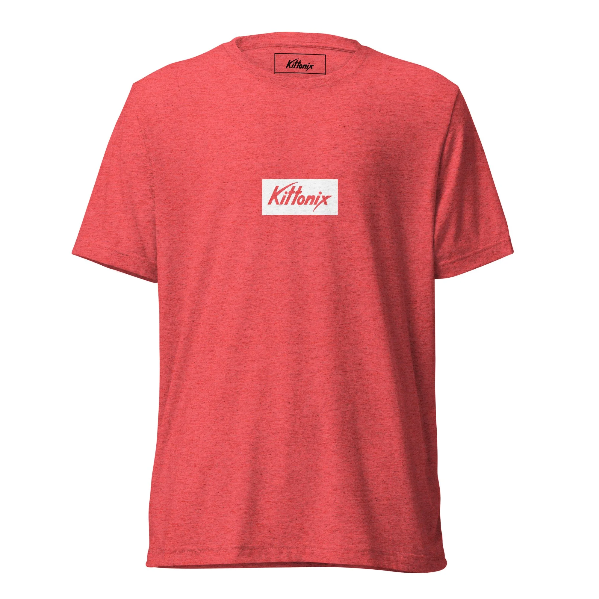 Kittonix box logo tri-blend t-shirt in red with white rectangle and knockout Kittonix logo on center chest.