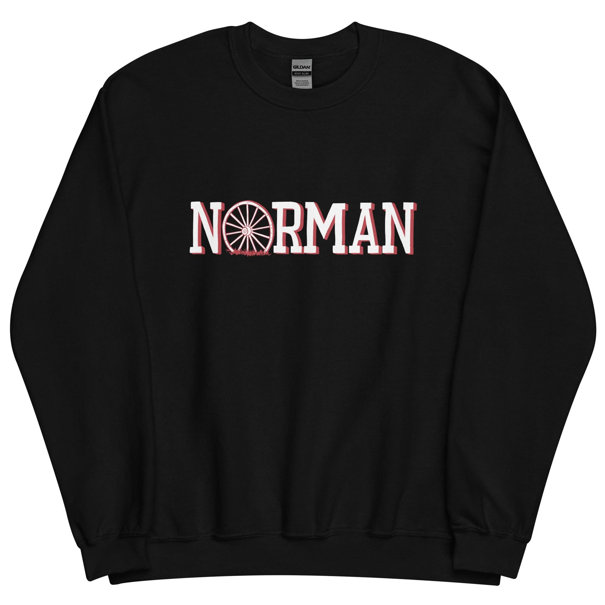 Norman Oklahoma midweight crewneck sweatshirt in black with hand-drawn Norman wagon wheel graphic on chest.