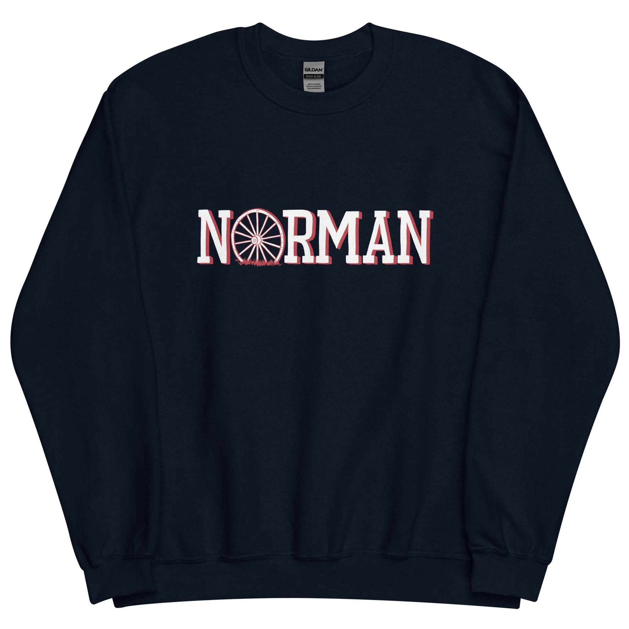 Norman Oklahoma midweight crewneck sweatshirt in navy with hand-drawn Norman wagon wheel graphic on chest.