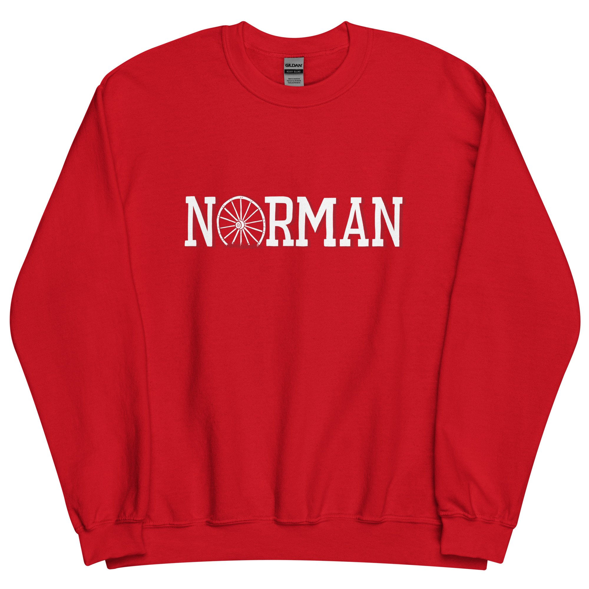 Norman Oklahoma midweight crewneck sweatshirt in red with hand-drawn Norman wagon wheel graphic on chest.