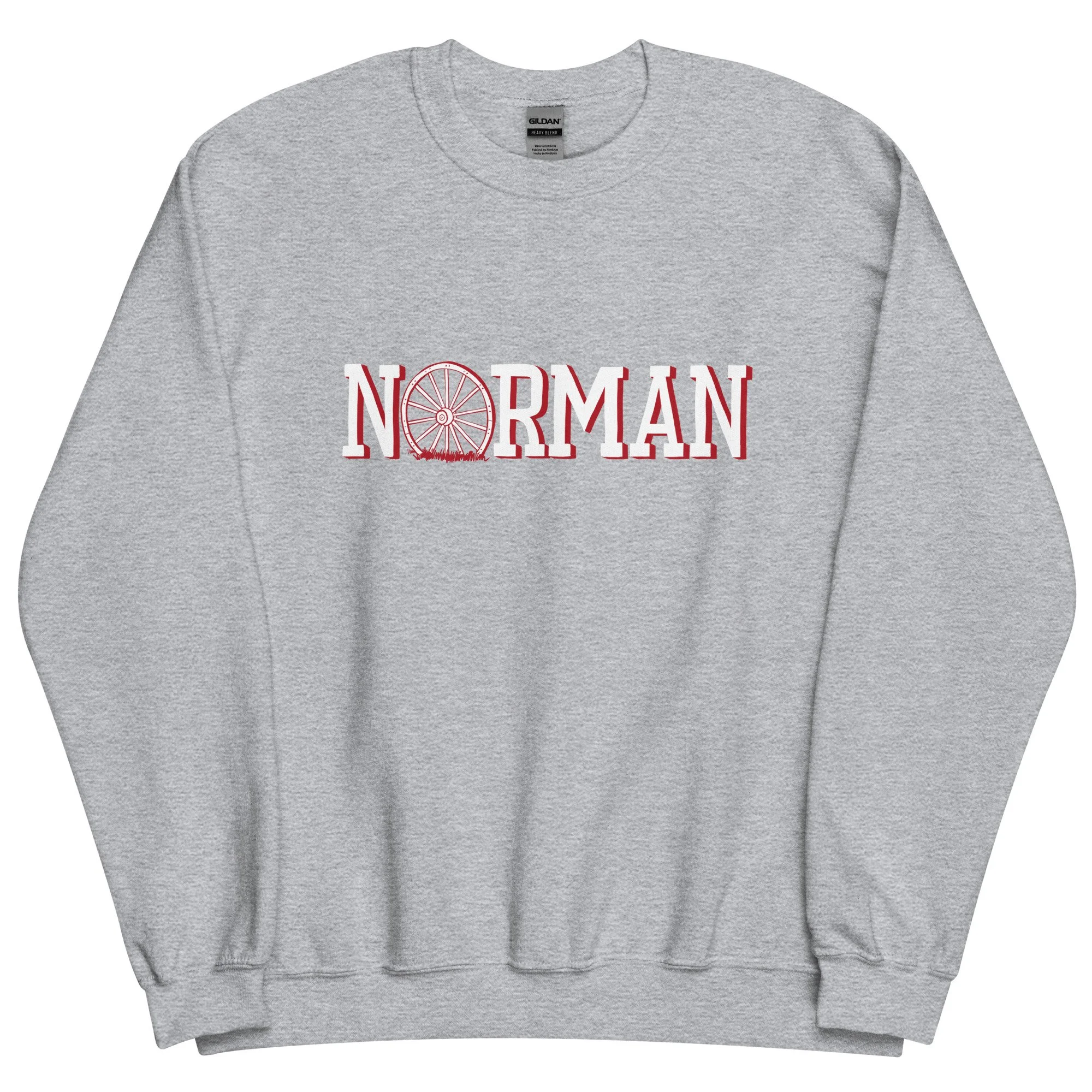 Norman Oklahoma midweight crewneck sweatshirt in grey with hand-drawn Norman wagon wheel graphic on chest.