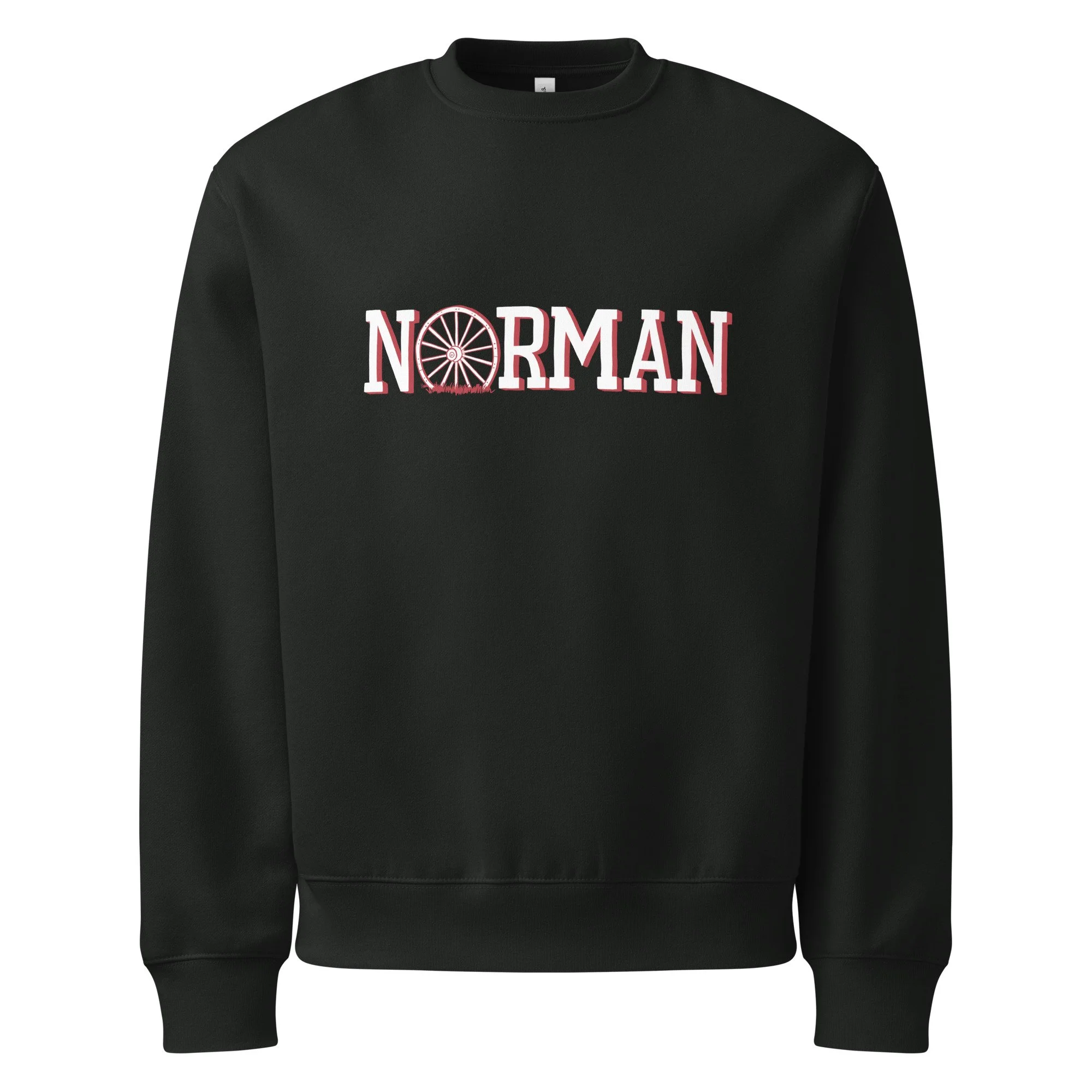 Norman Oklahoma heavyweight crewneck sweatshirt in black with hand-drawn Norman wagon wheel graphic on chest.