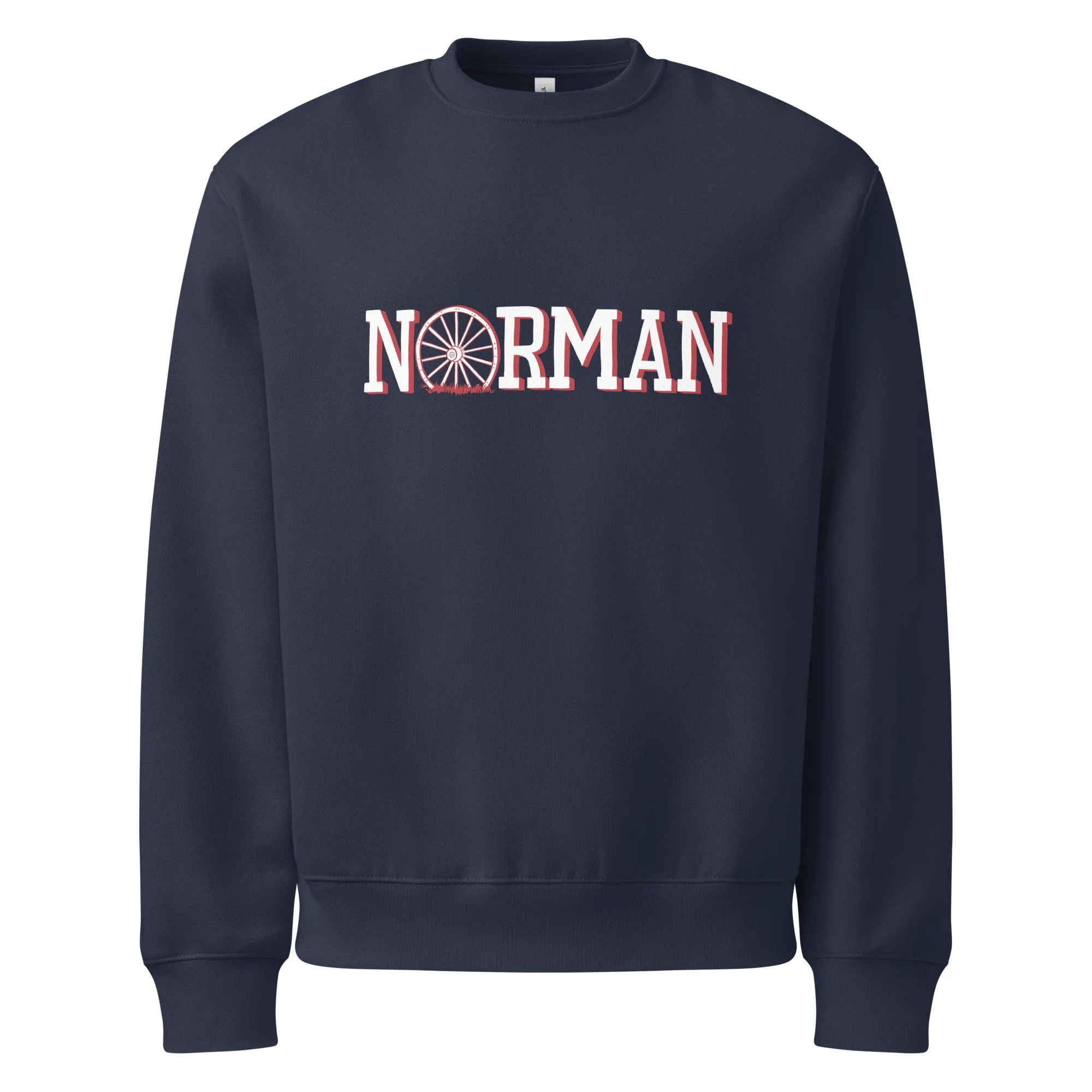 Norman Oklahoma heavyweight crewneck sweatshirt in navy with hand-drawn Norman wagon wheel graphic on chest.