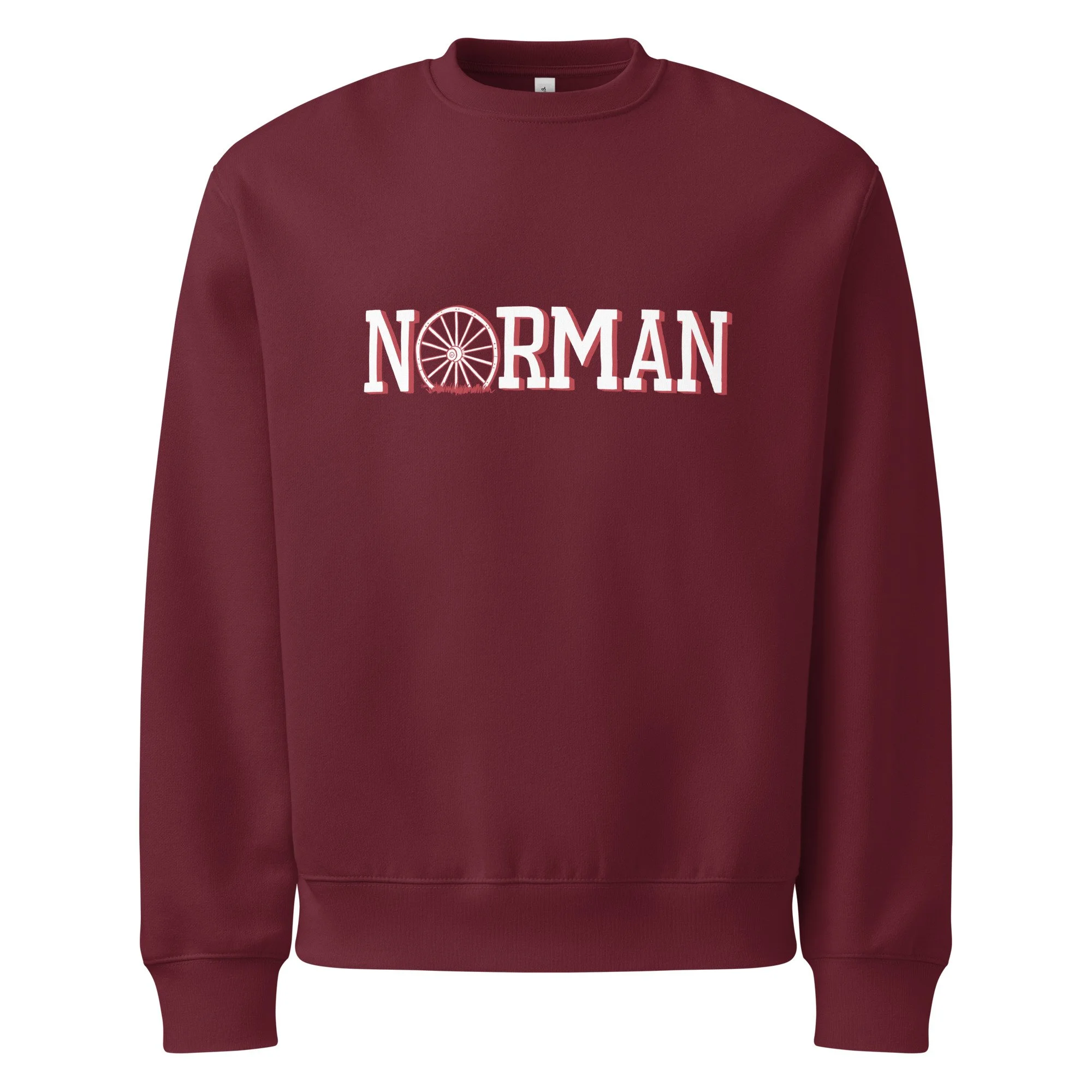 Norman Oklahoma heavyweight crewneck sweatshirt in crimson with hand-drawn Norman wagon wheel graphic on chest.