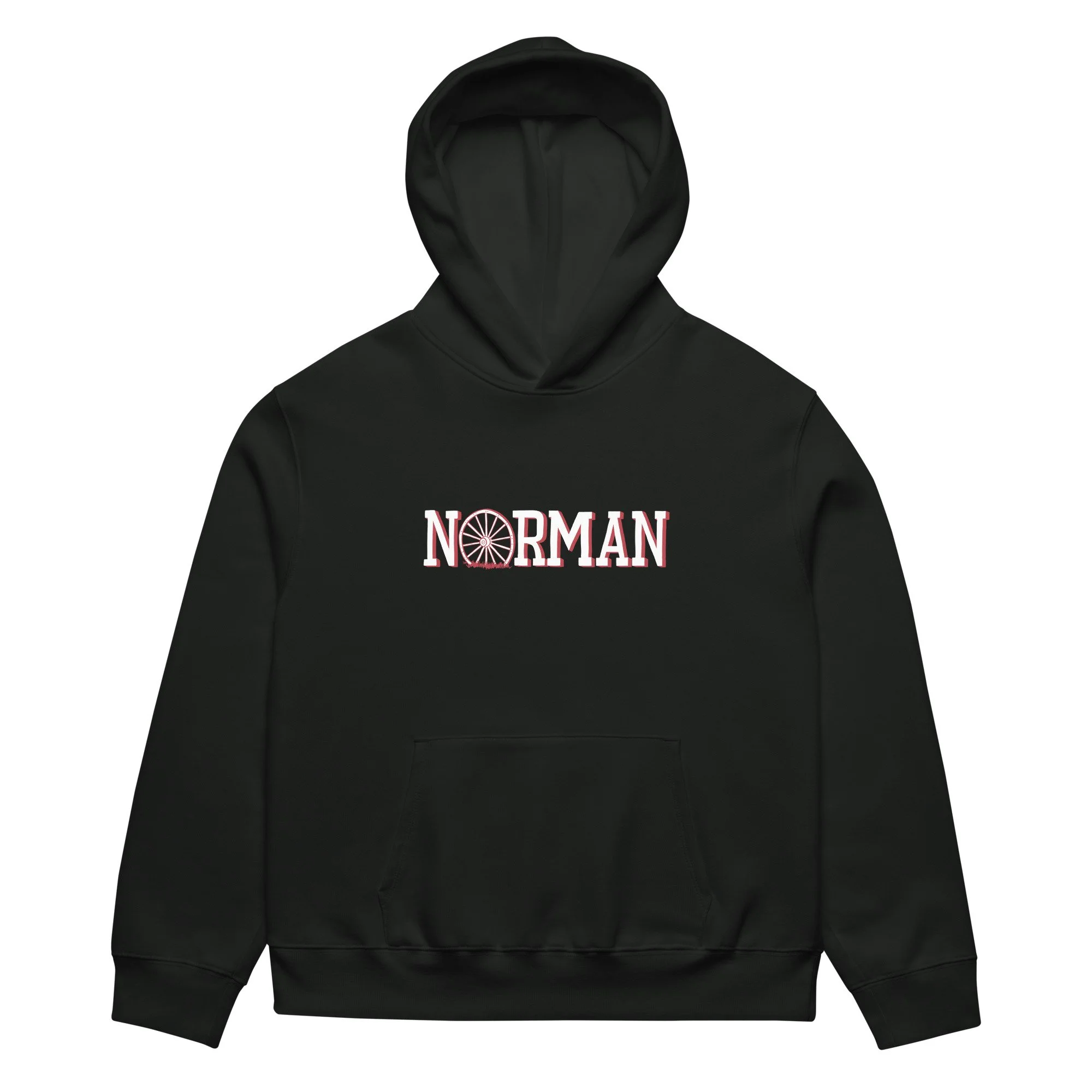 Norman Oklahoma heavyweight hoodie in black with hand-drawn Norman wagon wheel graphic on chest.