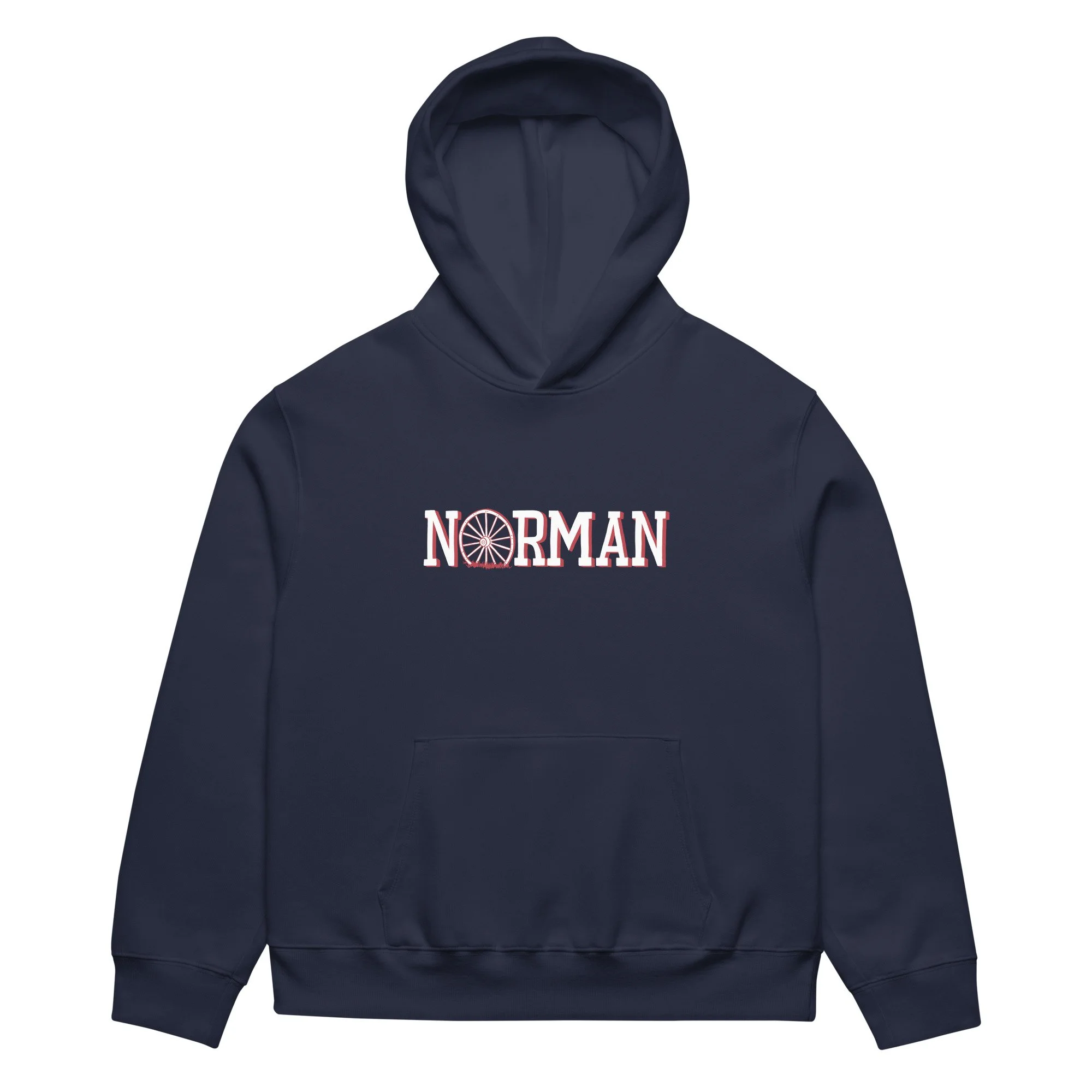 Norman Oklahoma heavyweight hoodie in navy with hand-drawn Norman wagon wheel graphic on chest.