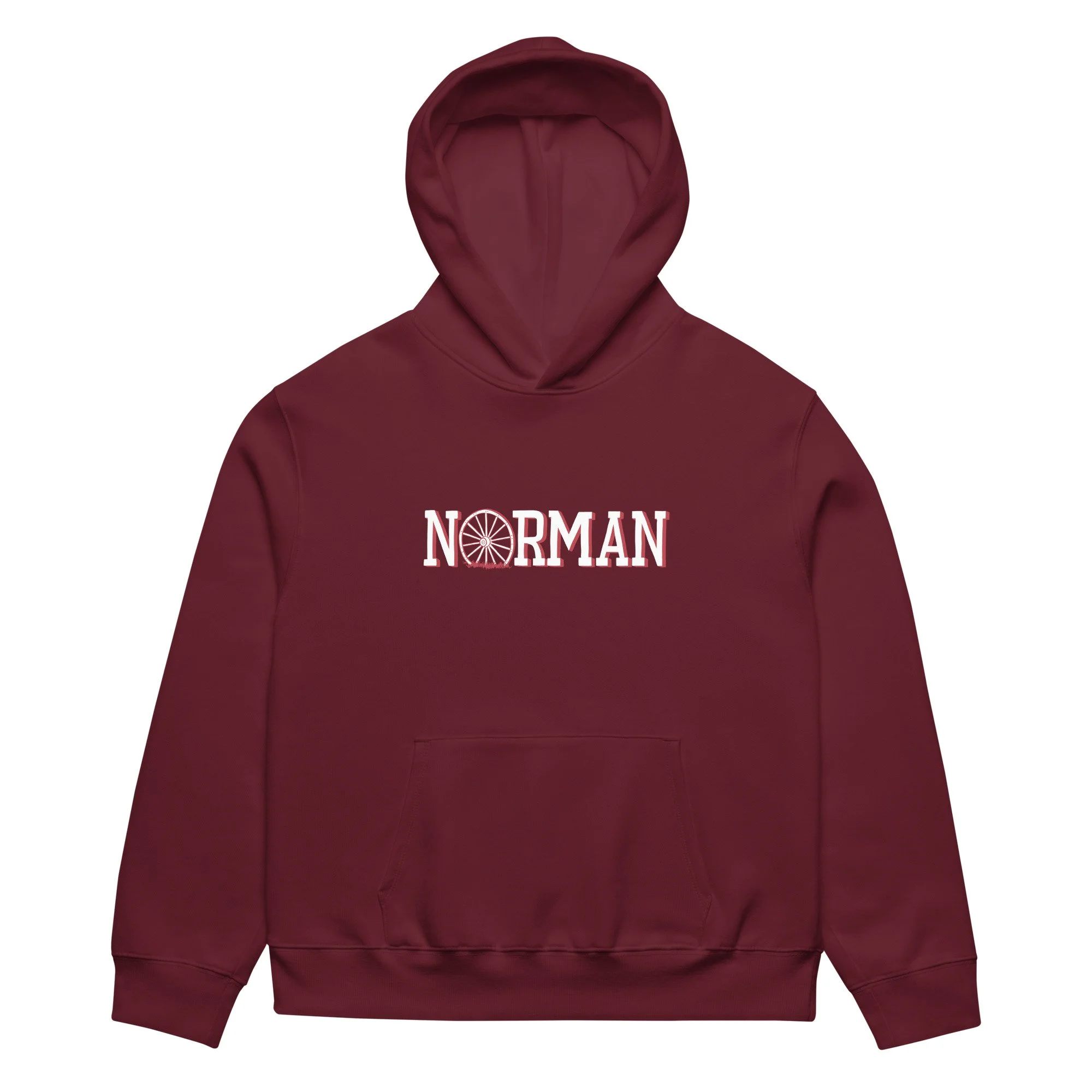 Norman Oklahoma heavyweight hoodie in maroon with hand-drawn Norman wagon wheel graphic on chest.
