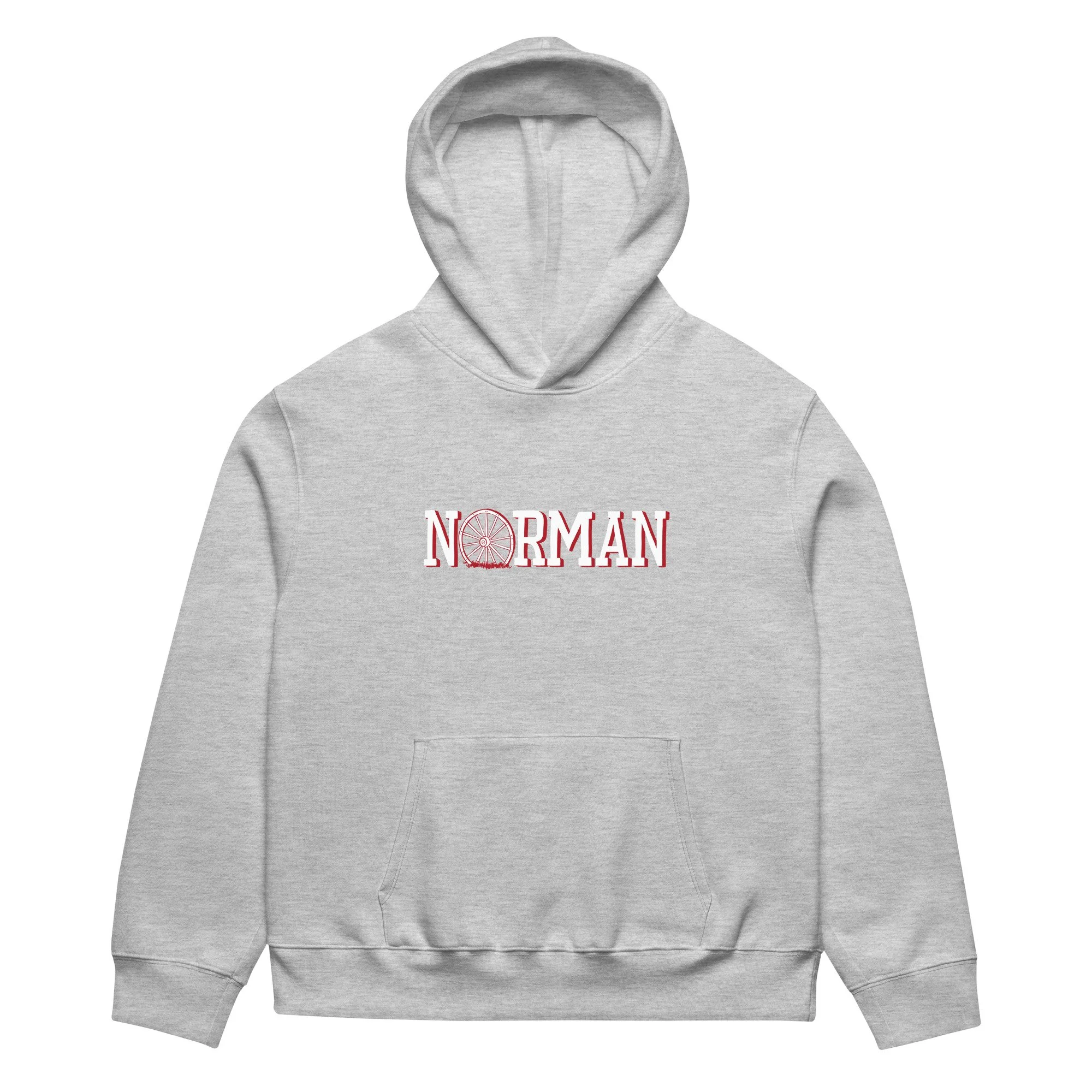Norman Oklahoma heavyweight hoodie in grey with hand-drawn Norman wagon wheel graphic on chest.