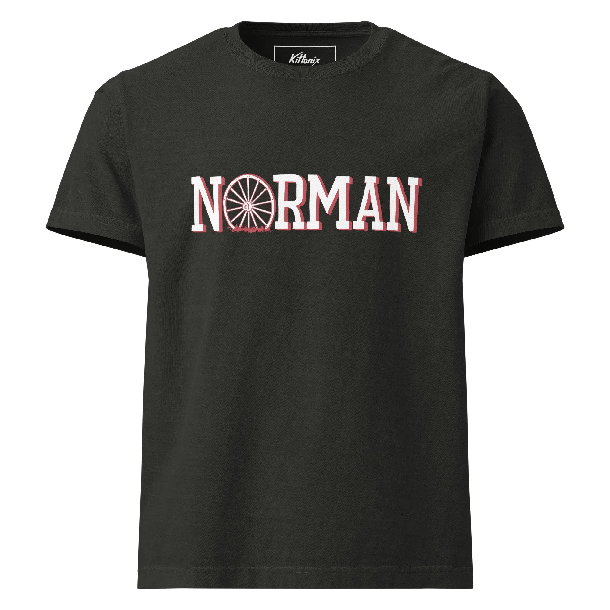 Norman Oklahoma heavyweight t-shirt in washed black with hand-drawn Norman wagon wheel graphic on chest.