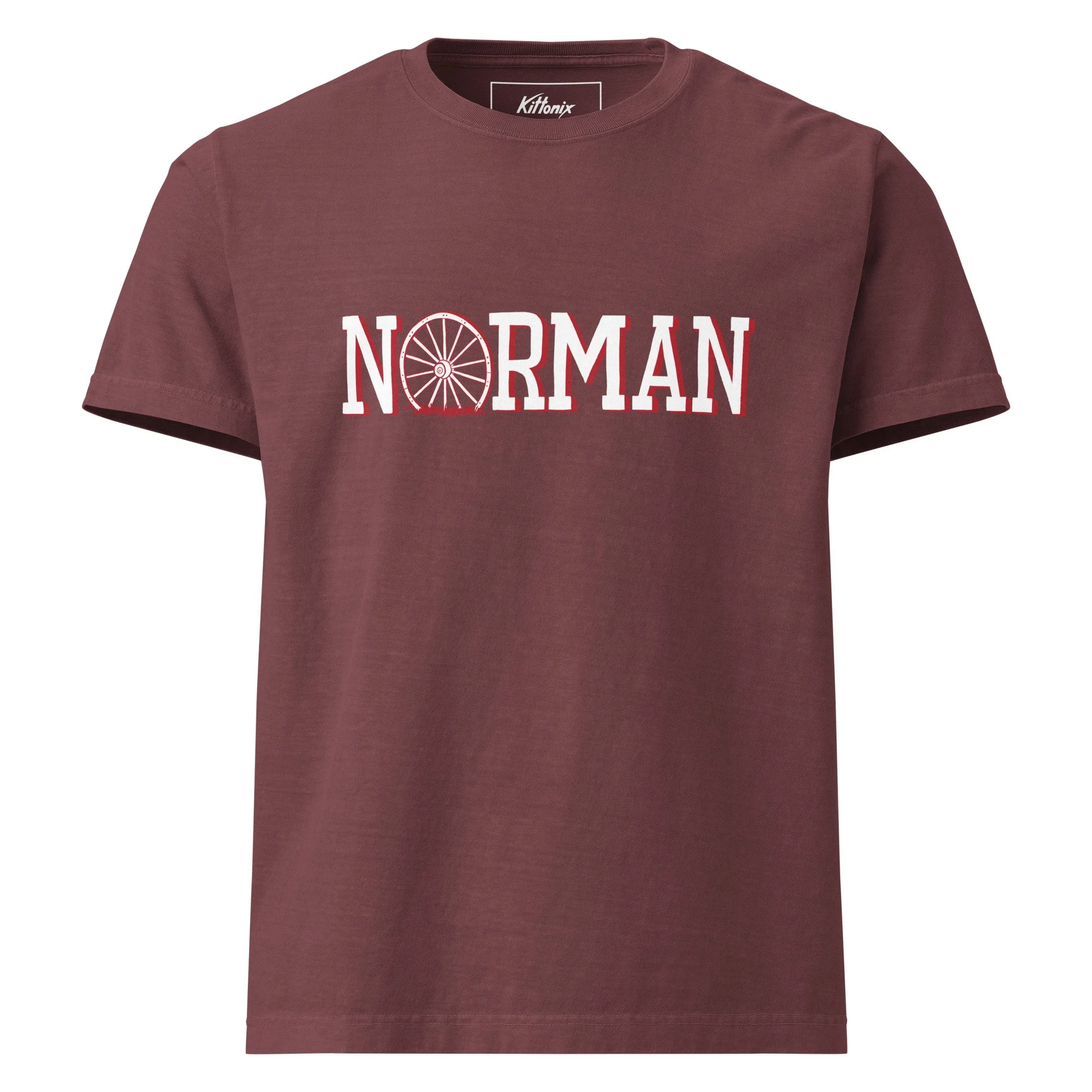Norman Oklahoma heavyweight t-shirt in washed maroon with hand-drawn Norman wagon wheel graphic on chest.