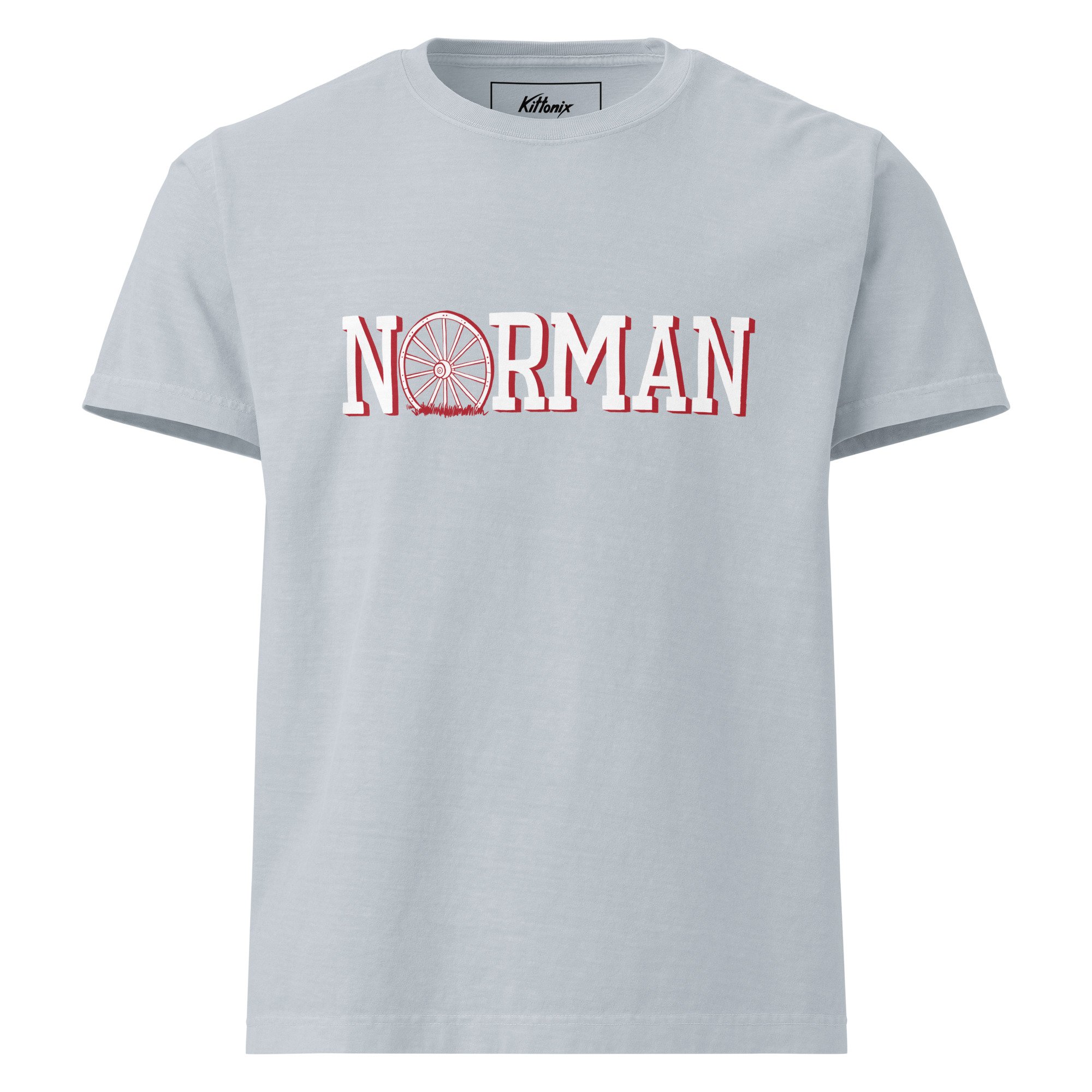 Norman Oklahoma heavyweight t-shirt in washed light blue with hand-drawn Norman wagon wheel graphic on chest.