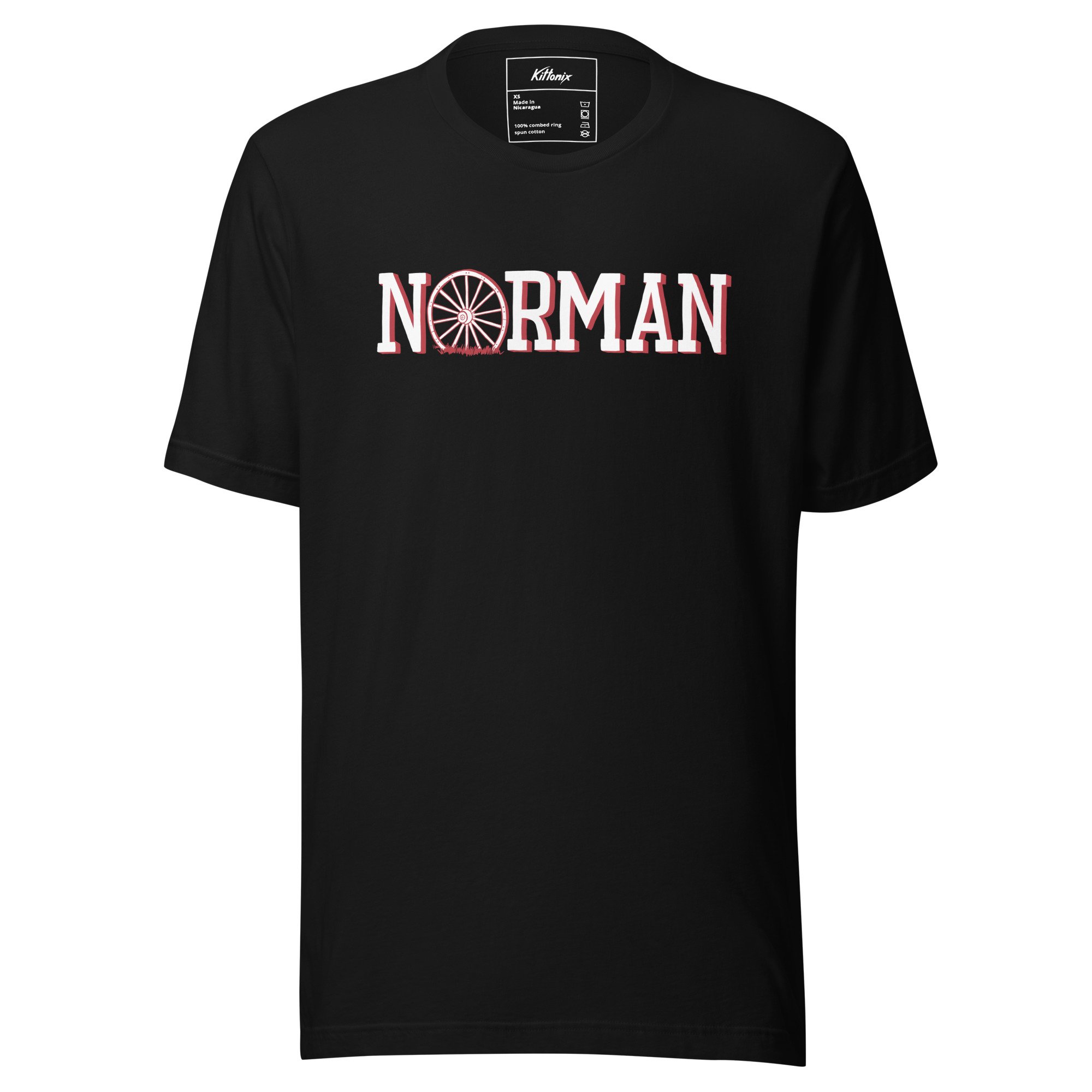 Norman Oklahoma lightweight t-shirt in black with hand-drawn Norman wagon wheel graphic on chest.