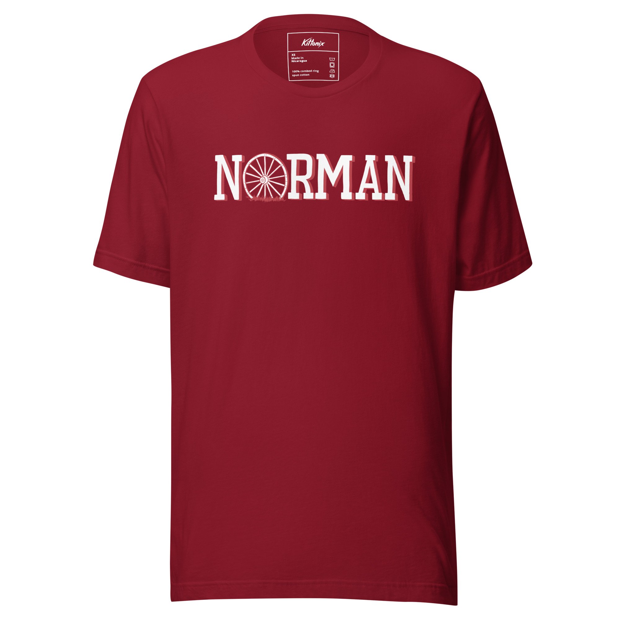 Norman Oklahoma lightweight t-shirt in red with hand-drawn Norman wagon wheel graphic on chest.