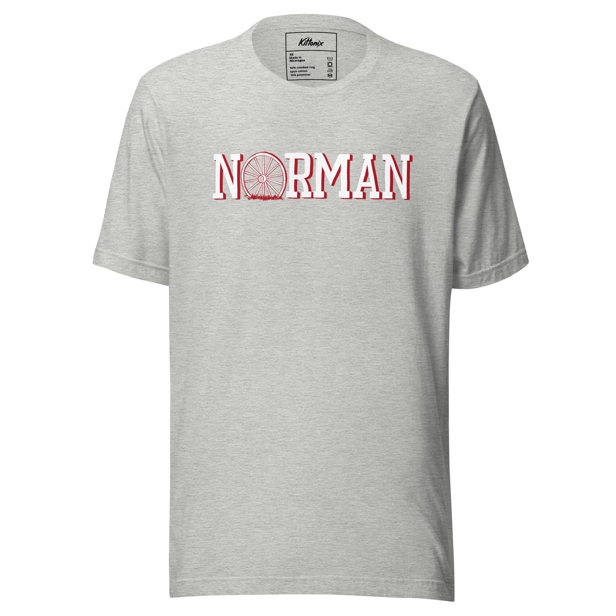 Norman Oklahoma lightweight t-shirt in sport grey with hand-drawn Norman wagon wheel graphic on chest.