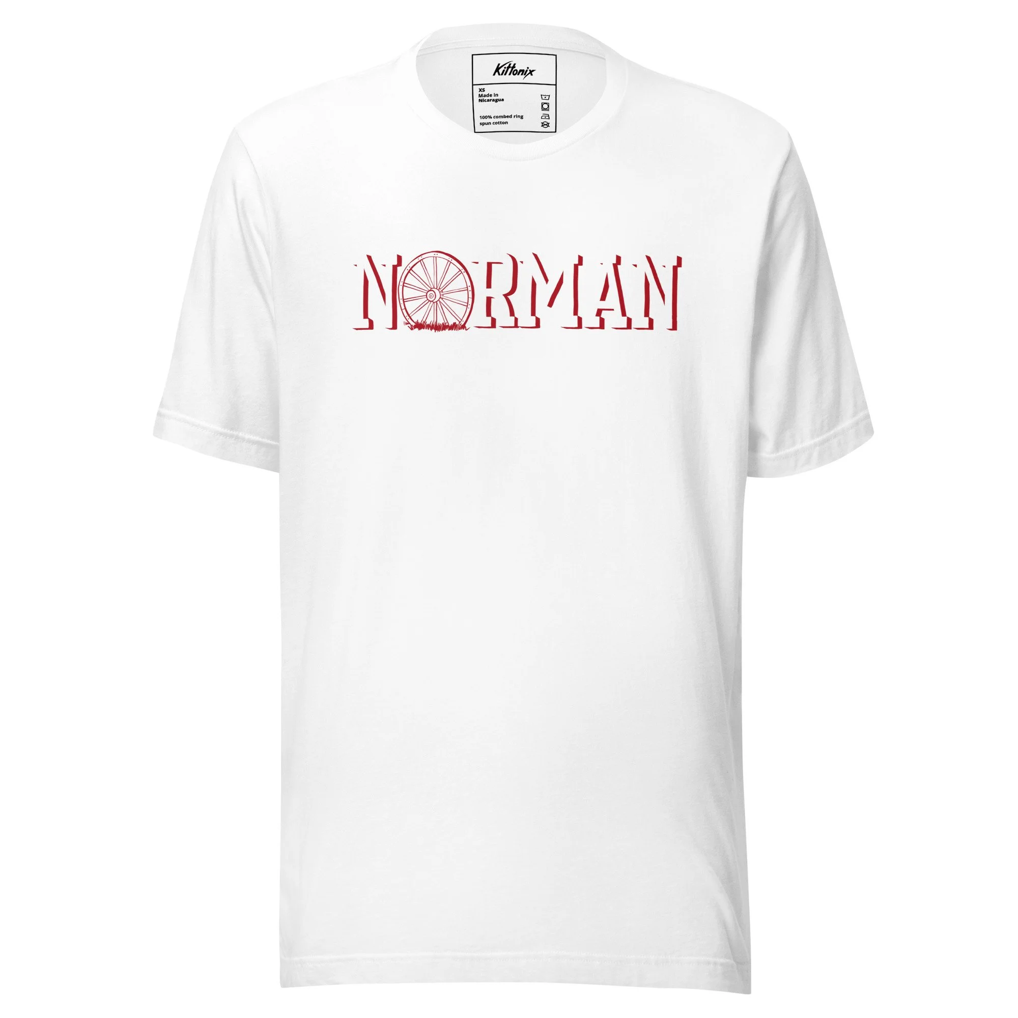 Norman Oklahoma lightweight t-shirt in white with hand-drawn Norman wagon wheel graphic on chest.