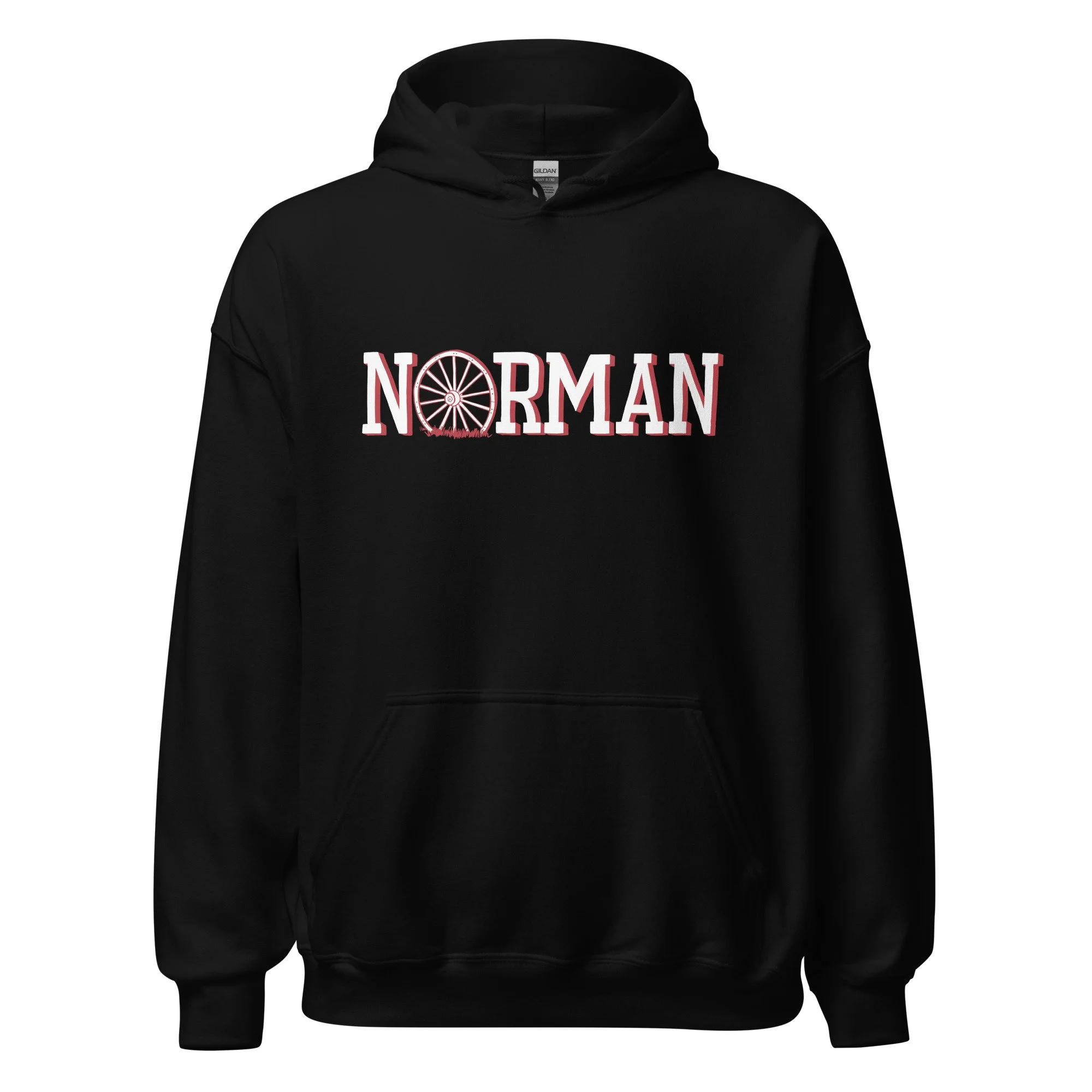 Norman Oklahoma midweight hoodie in black with hand-drawn Norman wagon wheel graphic on chest.