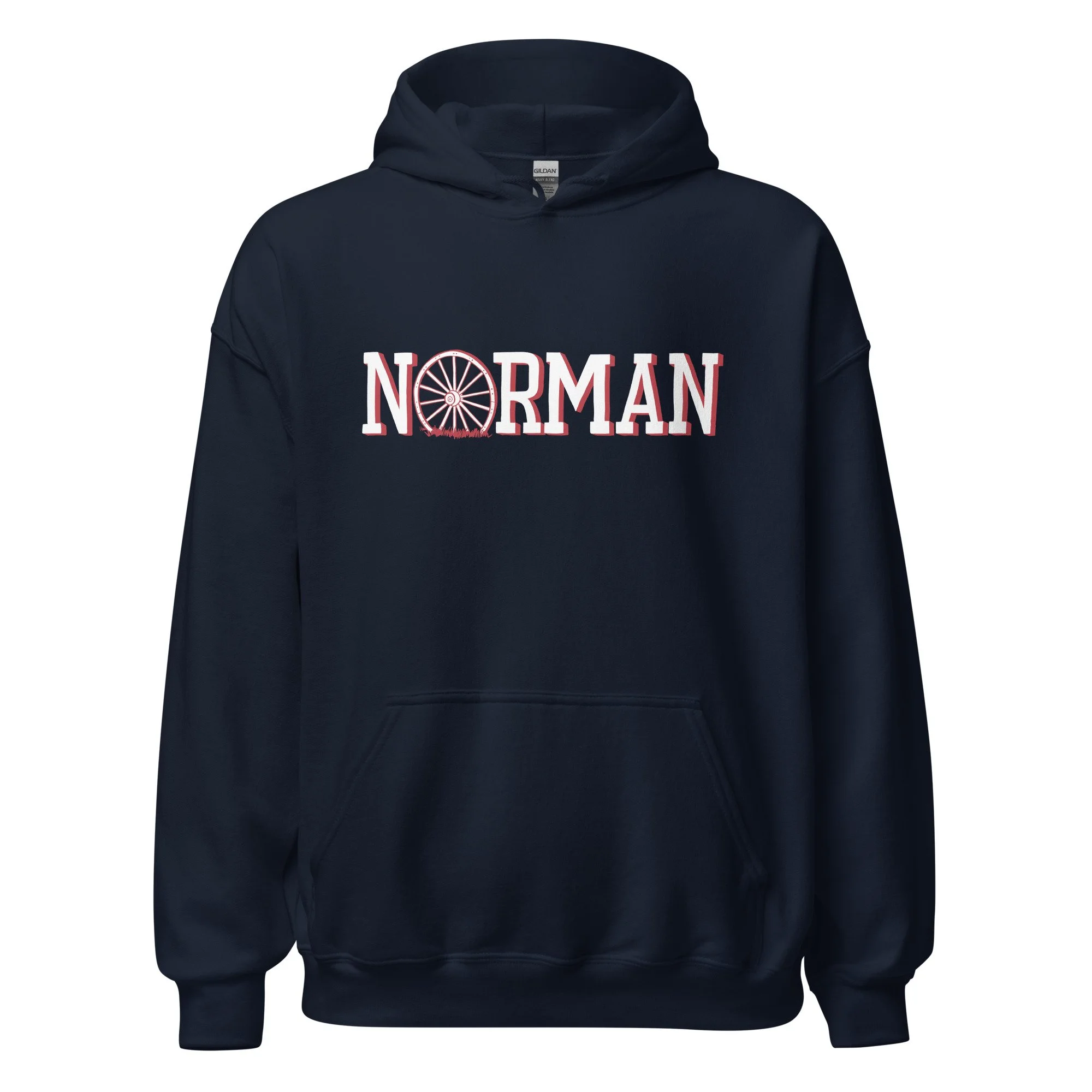 Norman Oklahoma midweight hoodie in navy with hand-drawn Norman wagon wheel graphic on chest.
