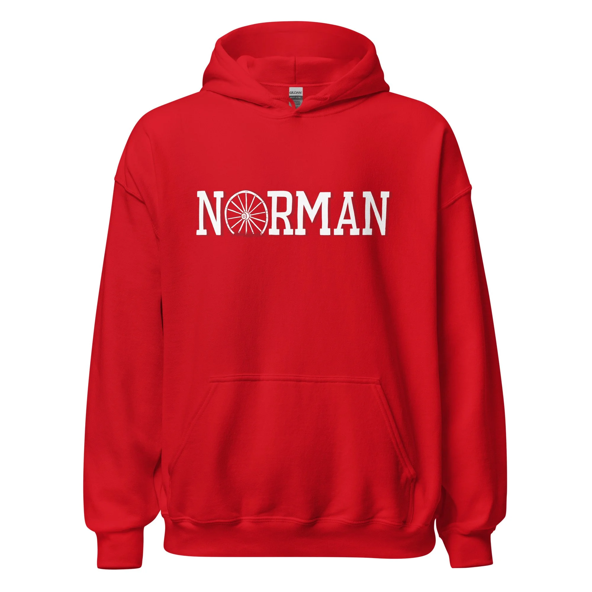 Norman Oklahoma midweight hoodie in red with hand-drawn Norman wagon wheel graphic on chest.