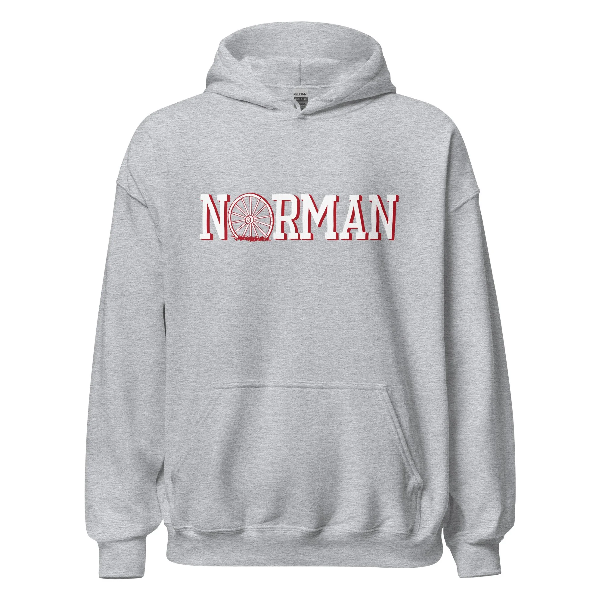 Norman Oklahoma midweight hoodie in sport grey with hand-drawn Norman wagon wheel graphic on chest.