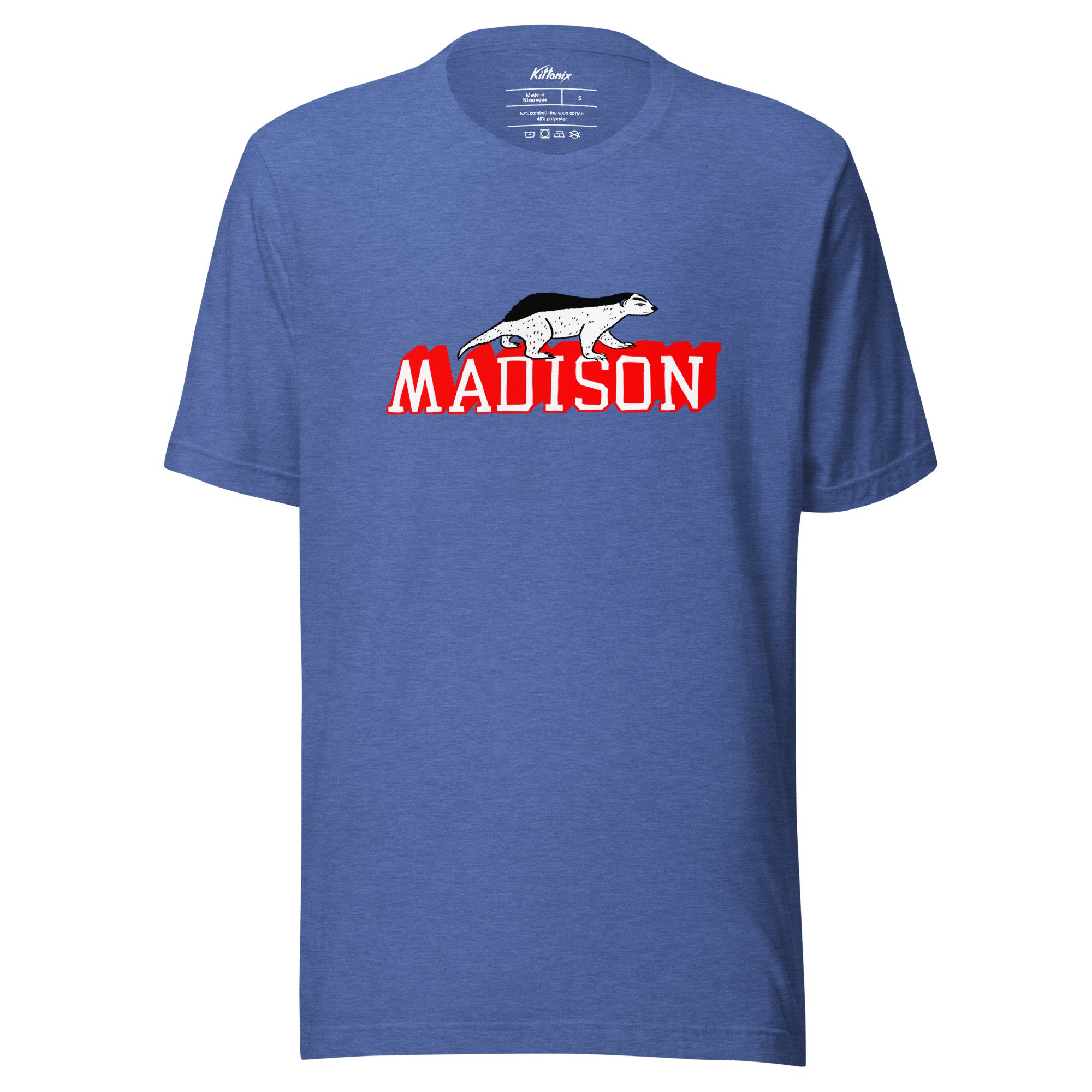Madison Wisconsin lightweight t-shirt in heather blue with hand-drawn Madison badger graphic on chest.