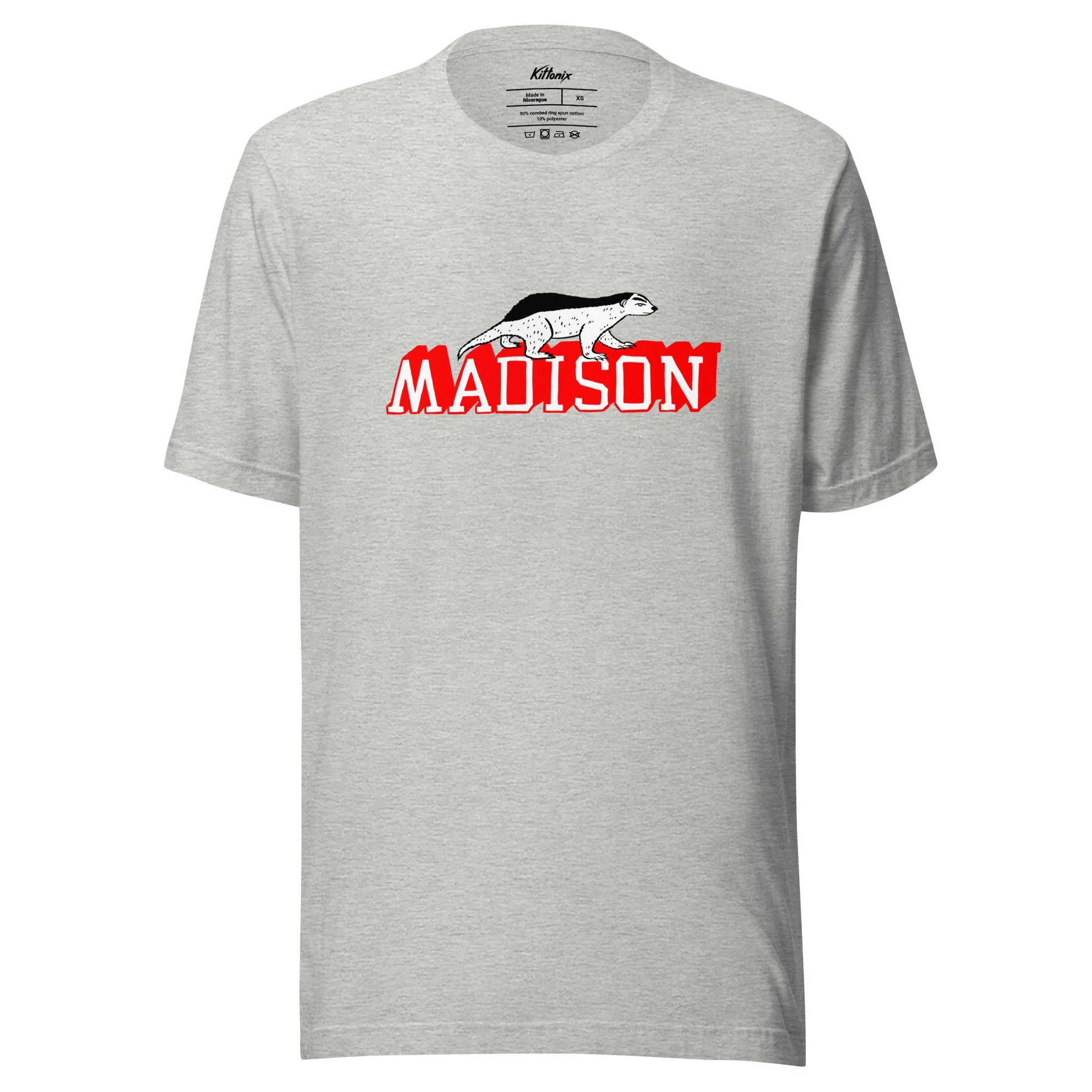 Madison Wisconsin lightweight t-shirt in heather grey with hand-drawn Madison badger graphic on chest.