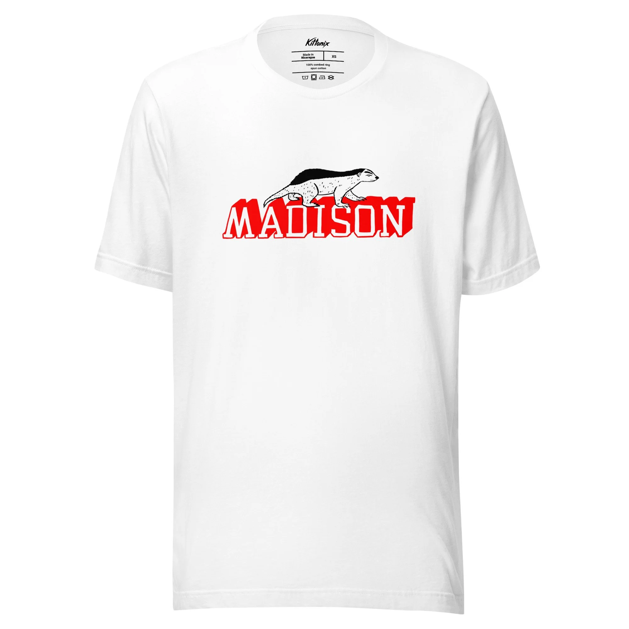 Madison Wisconsin lightweight t-shirt in white with hand-drawn Madison badger graphic on chest.