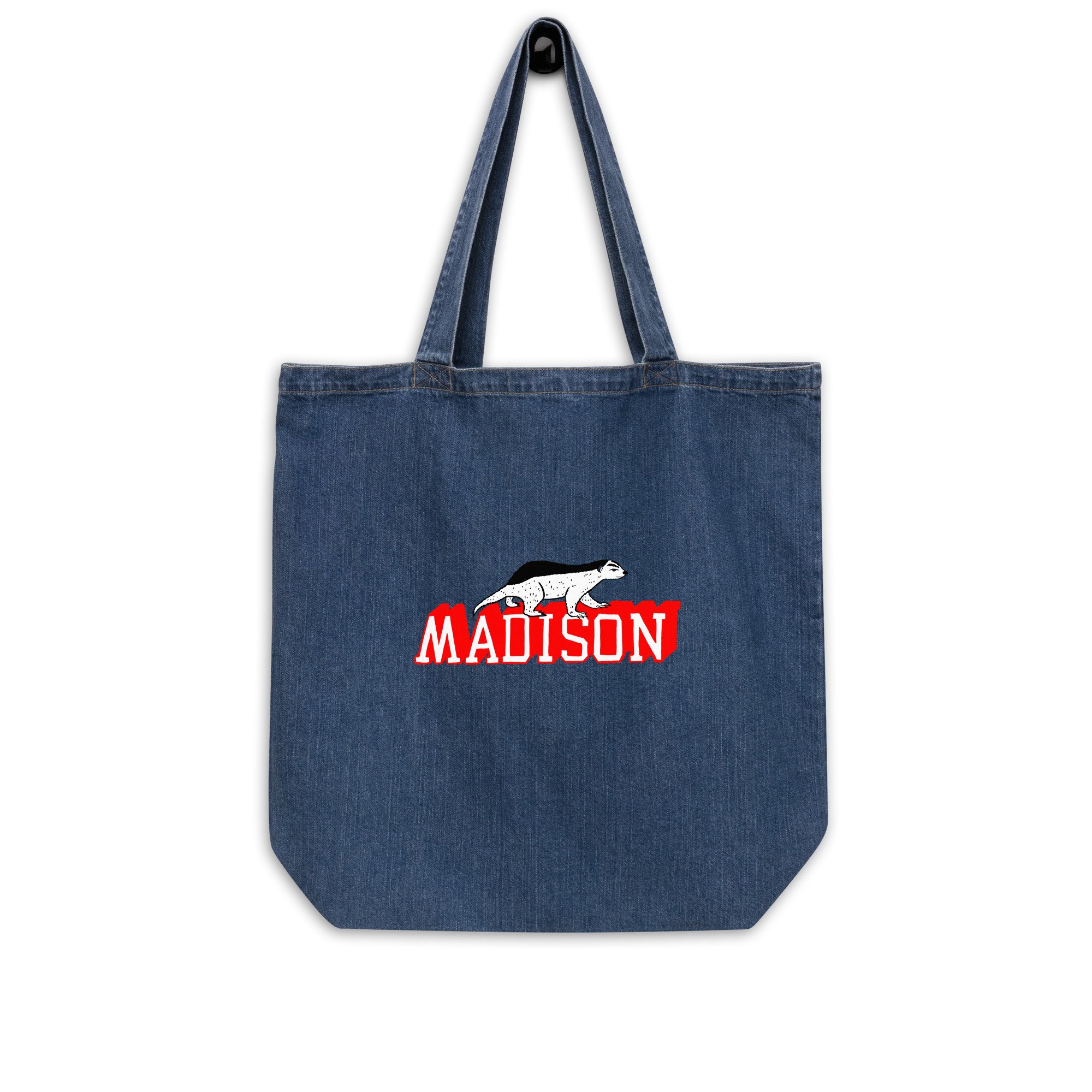 Madison Wisconsin organic denim tote bag in dark wash with hand-drawn Madison badger graphic on front.