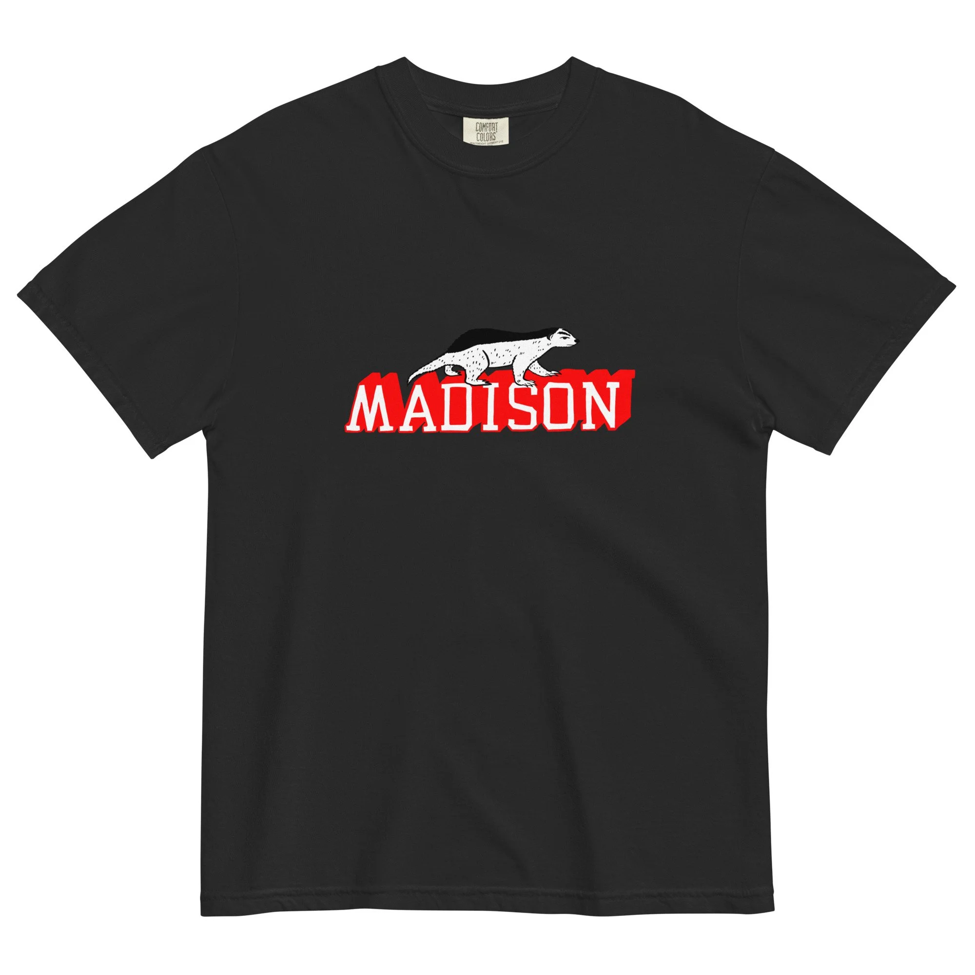 Madison Wisconsin garment dyed t-shirt in washed black with hand-drawn Madison badger graphic on chest.