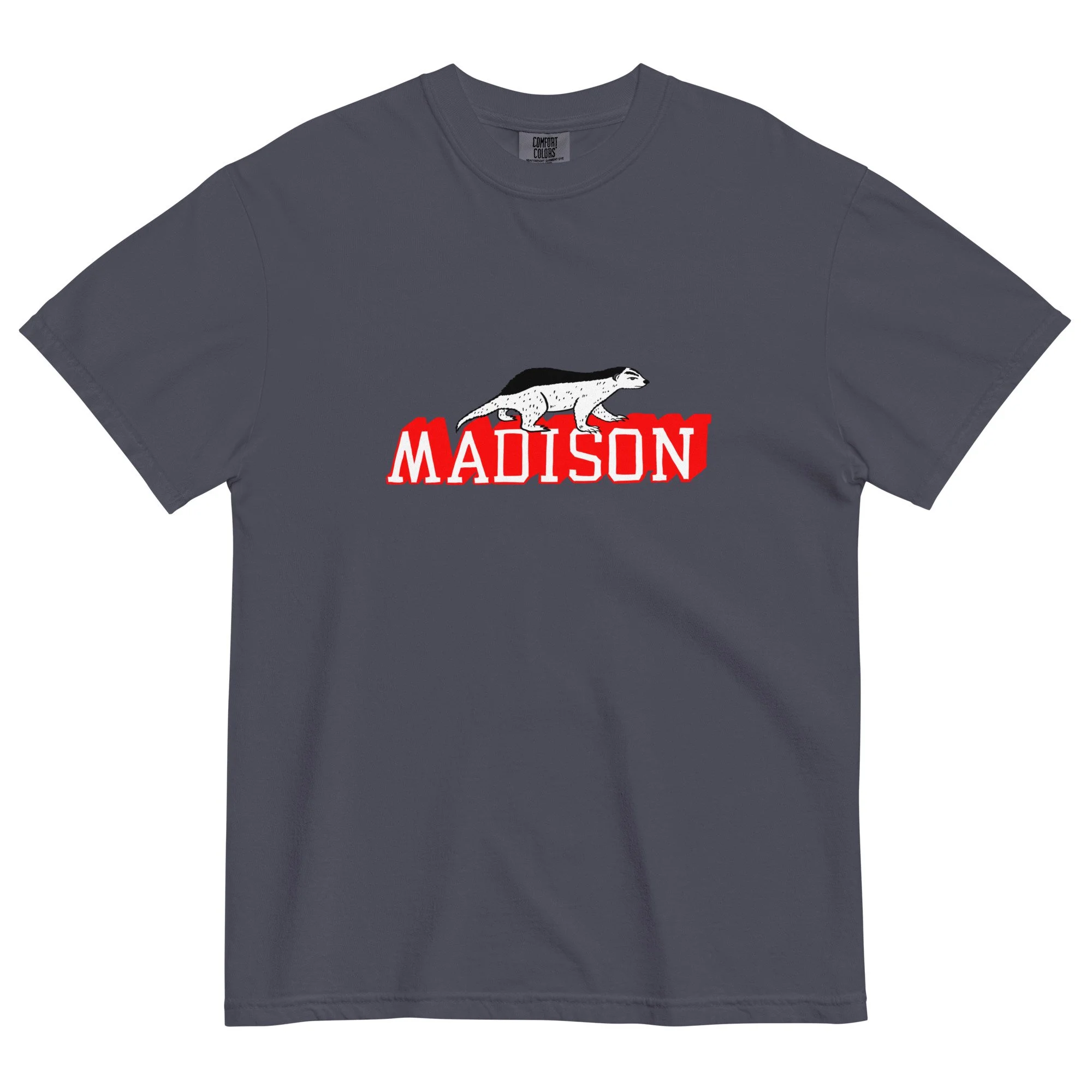 Madison Wisconsin garment dyed t-shirt in washed navy with hand-drawn Madison badger graphic on chest.