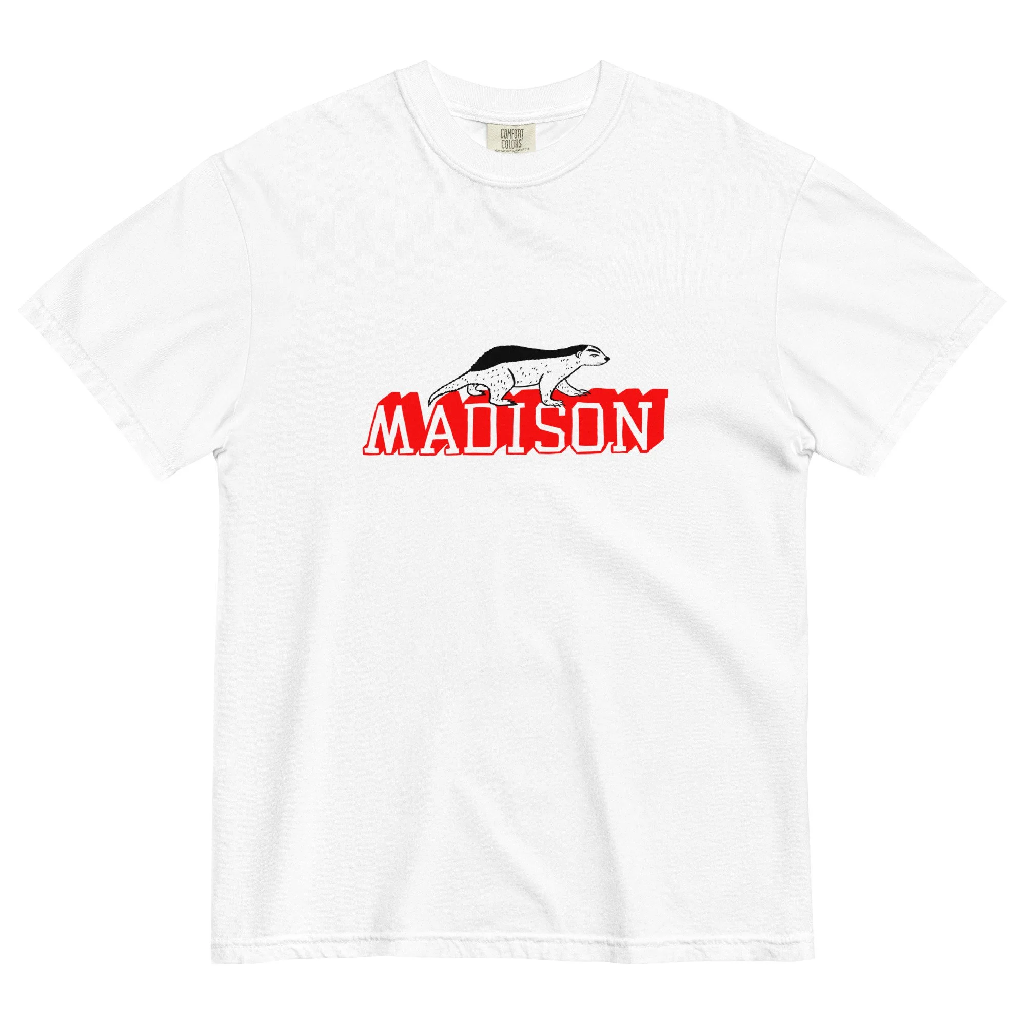 Madison Wisconsin garment dyed t-shirt in washed white with hand-drawn Madison badger graphic on chest.