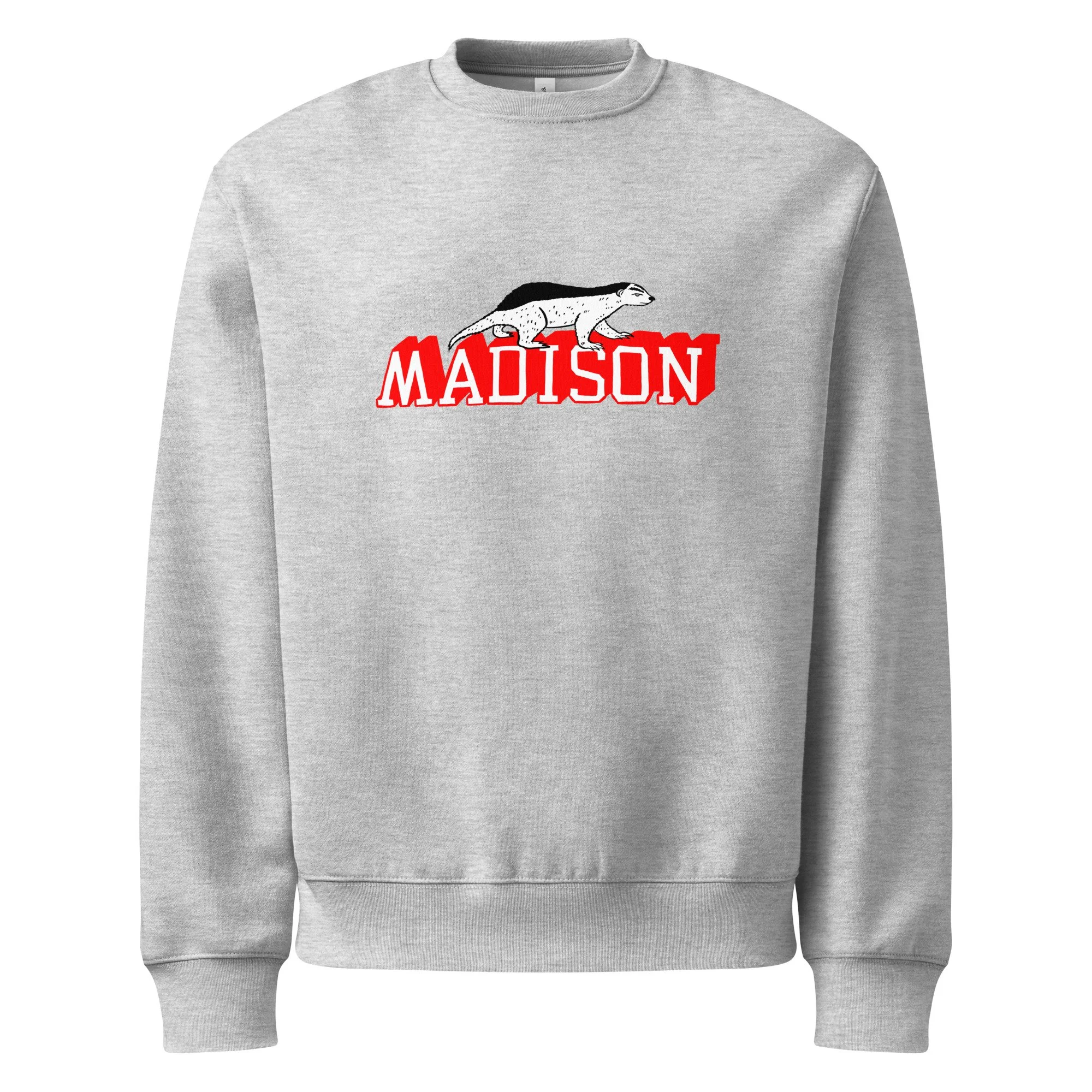 Madison Wisconsin heavyweight crewneck sweatshirt in black with hand-drawn Madison badger graphic on chest.