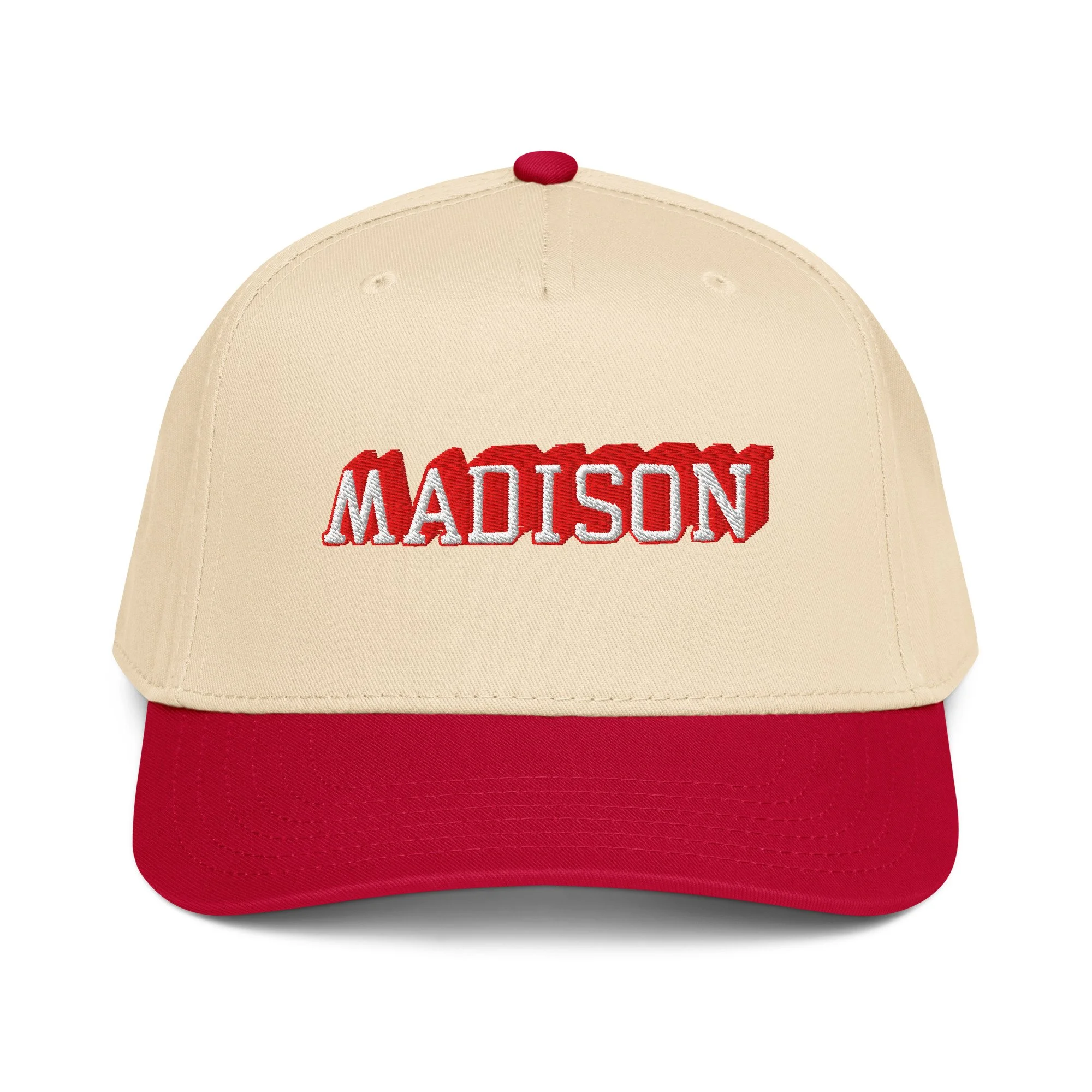 Madison Wisconsin snapback hat in natural and red with embroidered Madison wordmark on structured front panel.